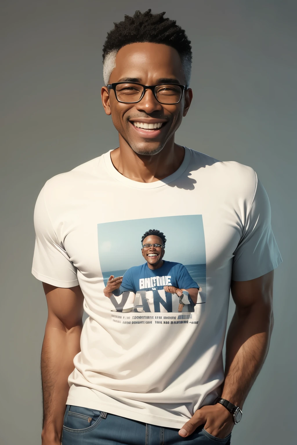 ONE black man with normal body around 55 years old, laughing, with glasses and wearing a jeans and a t-shirt on a neutral background