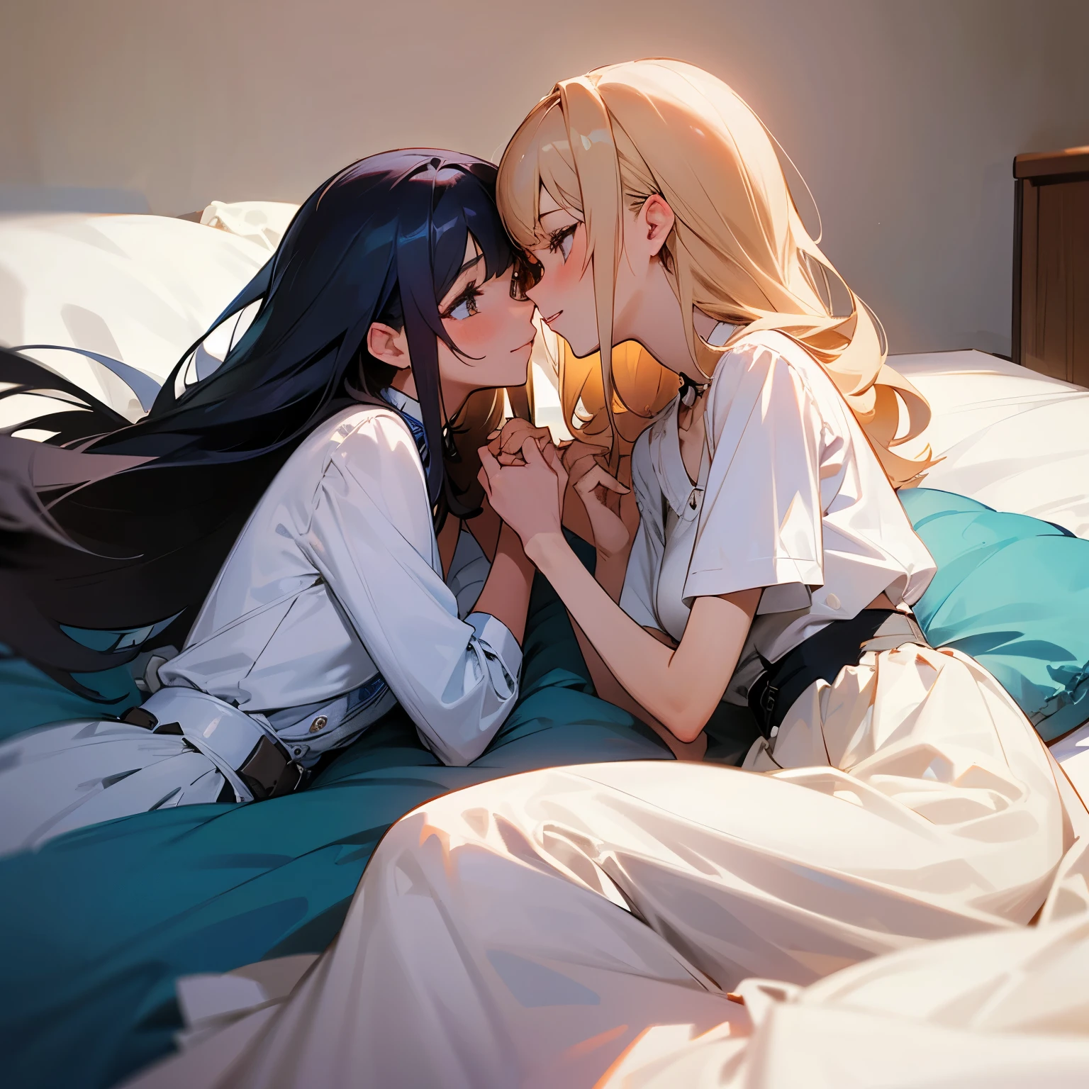 they are two women in bed with white sheets and a lamp, lesbian art, kissing together cutely, lesbian embrace, two beautiful anime girls, lesbian kiss, alena aenami and lilia alvarado, wlop and sakimichan, kissing together, ilya kuvshinov. 4 k, artwork in the style of guweiz, anime girls