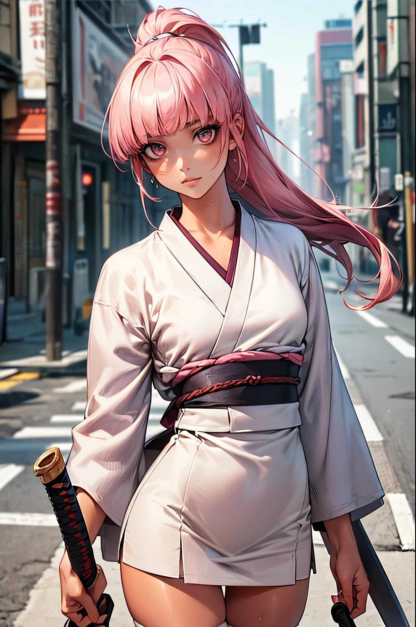 ((perfect anatomy,realistic,:1.3,RAW Photography:1.3,masterpiece、highest quality、Ultra - High resolution、High resolution、Highly detailed CG、8K)),cowboy shot,1 female,solo,20 year old beauty,((beautiful detailed face and eyes,big gorgeous eyes),pink eyes,(pink hair,ponytail,long hair,forehead,blunt bangs,straight hair)),(medium breasts,slender body,small head,skinny,tan skin,gleaming skin,shiny skin,sweat),(white kimono、white mini skirt,white_thighhighs、Posture of fighting with a Japanese sword、Accurately depicted Japanese sword),apocalyptic world,on street,Tokyo、