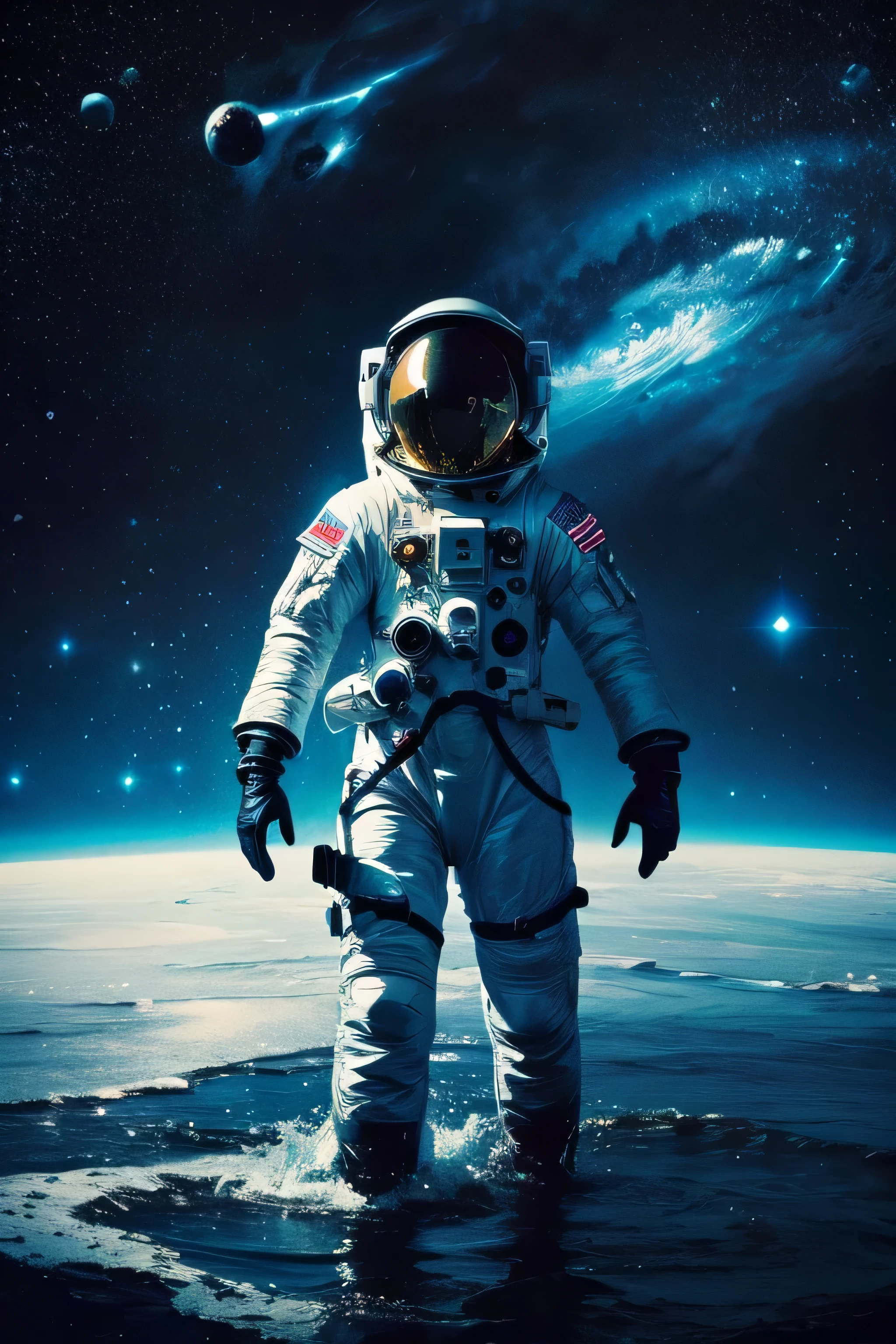 Nice feature, ink, Splash Art", Amazing beauty ,Super detailed splash art modern European ink painting, woman astronaut in moom,vast Landscape,SEE Theo BLUE planet earth in sky, constelations,mysterious