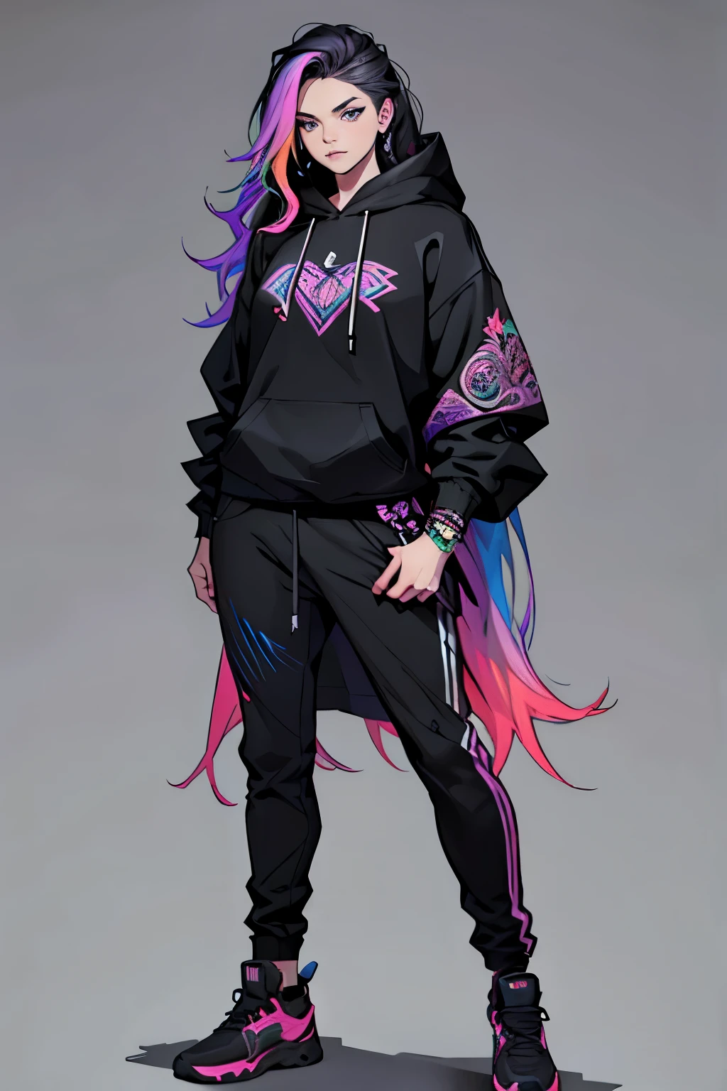 1 girl, kaisa league of legends, wavy hair, rainbow hair, teenager, hoodie, pants, black clothing, light background, full body, long hair, teenager, tribal tattoo, colorful parts, sketchbook, hand drawn hand, symbols, dark , bold, realistic sketch, sketch, mixing dark lines and loose lines, bold lines, on paper, turn on character sheet, human woman, grey eyes, full body, imposing pose, lots of details, stylish outfit, symbols, runes , dark theme , black shirt, beautiful, pretty, modest