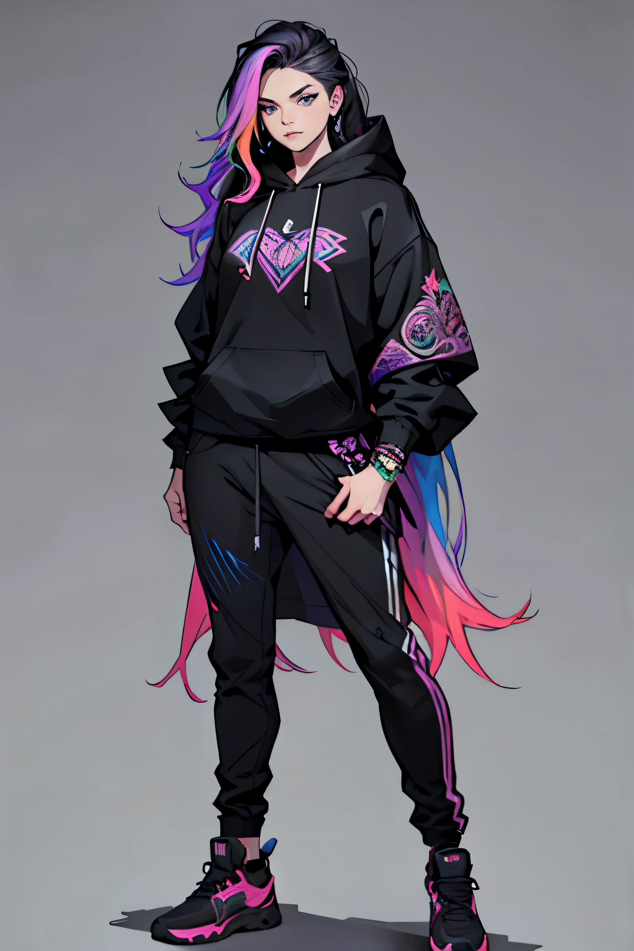1 girl, kaisa league of legends, wavy hair, rainbow hair, teenager, hoodie, pants, black clothing, light background, full body, long hair, teenager, tribal tattoo, colorful parts, sketchbook, hand drawn hand, symbols, dark , bold, realistic sketch, sketch, mixing dark lines and loose lines, bold lines, on paper, turn on character sheet, human woman, grey eyes, full body, imposing pose, lots of details, stylish outfit, symbols, runes , dark theme , black shirt, beautiful, pretty, modest