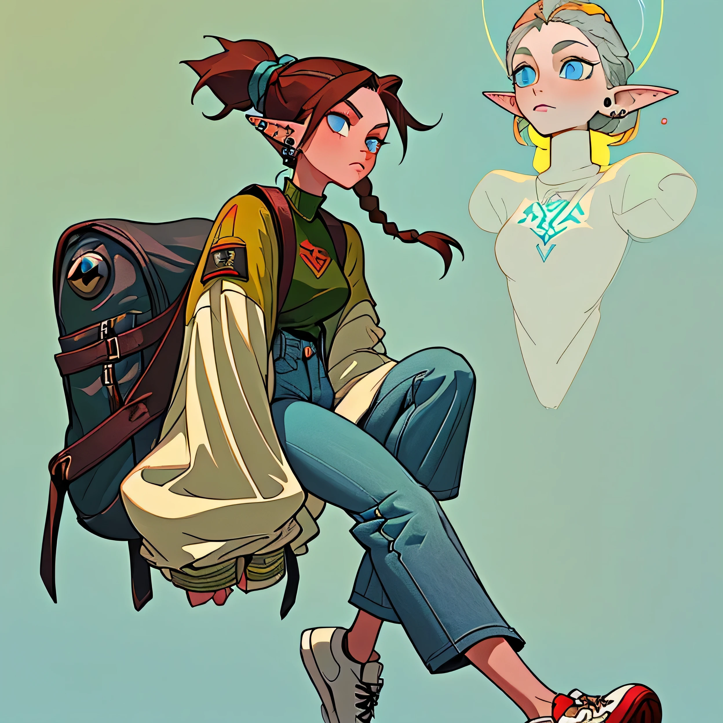 a beautiful woman elf wearing T-shirt, with jacket, short and high waist jeans, sneakers, wearing bag pack, piercings, a woman elf in ponytail and braid, reddish dark brown hair, greenish blue eyes, luxurious and elegant quantum physics in the sky as the background