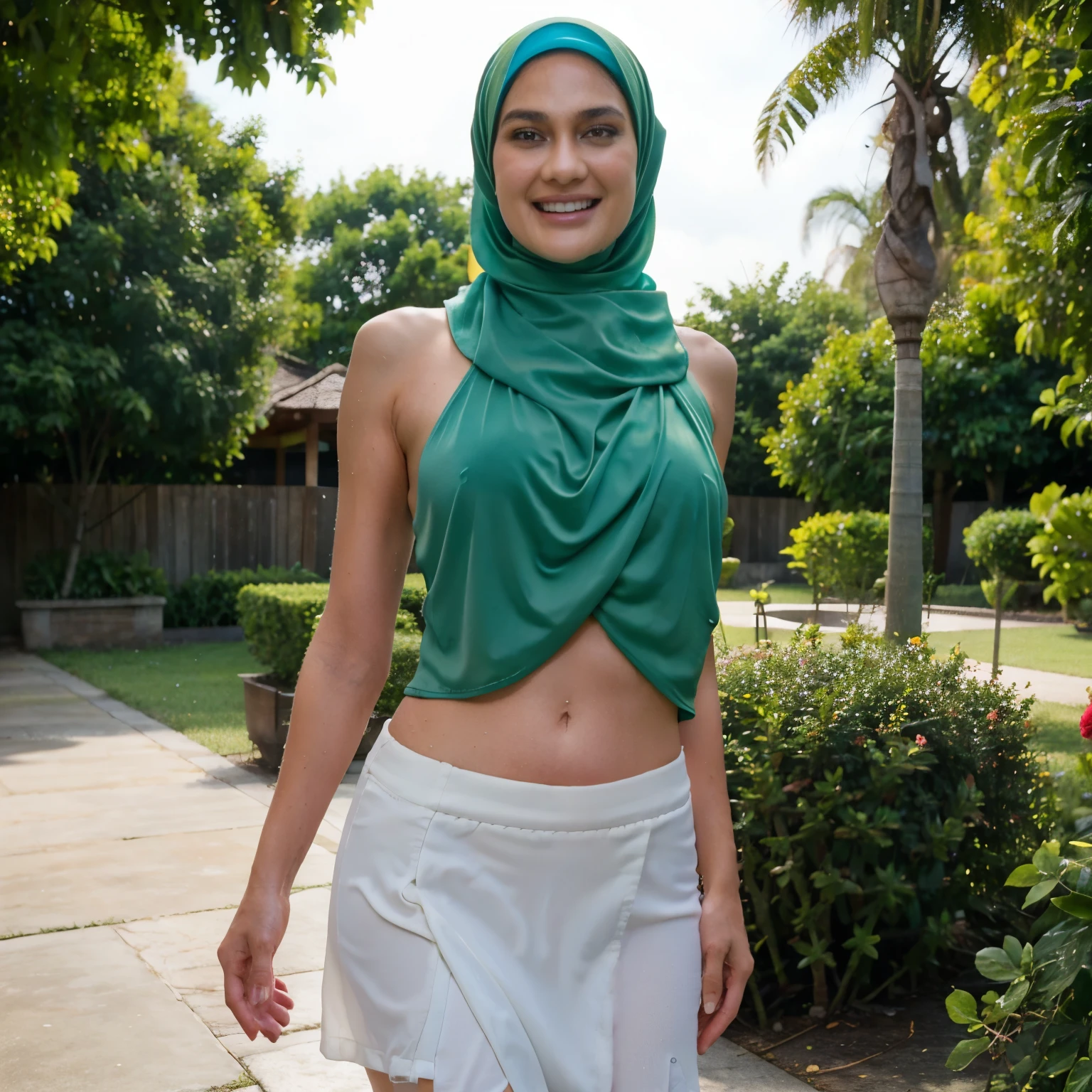 best quality, high resolution, 1 girl, luna maya, beautiful young indonesian woman in hijab, in light green hijab, smiling gently, standing up straight, dancing, naked, in the park, sweat wet body, sweat wet face, wet skin, naked, wearing a skirt light green see-through mini, photorealistic, realistic, medium bust, smiling, full body, sweaty body, sweaty face, smiling, garden background,
