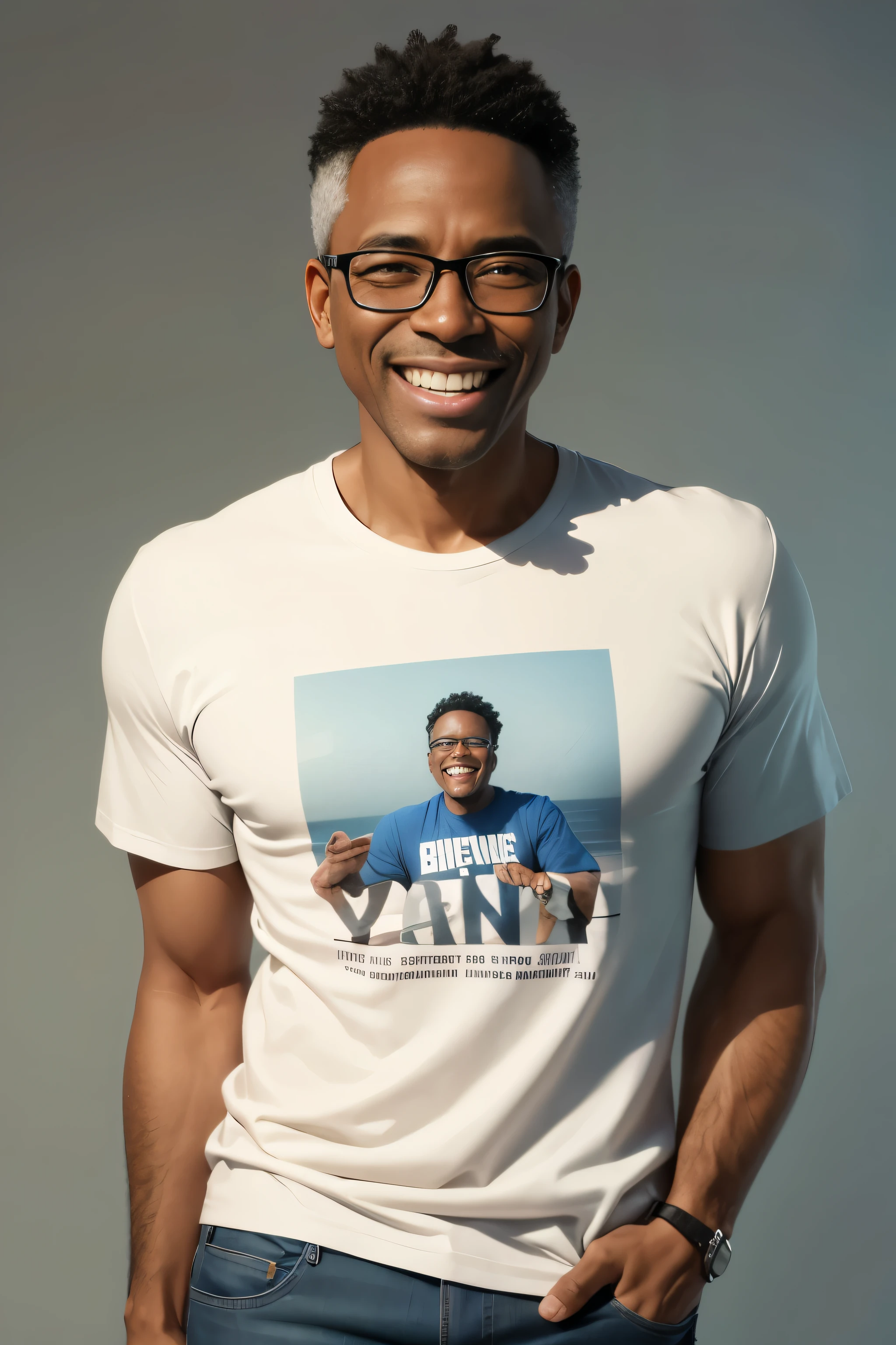 ONE black man with normal body around 55 years old, laughing, with glasses and wearing a jeans and a t-shirt on a neutral background
