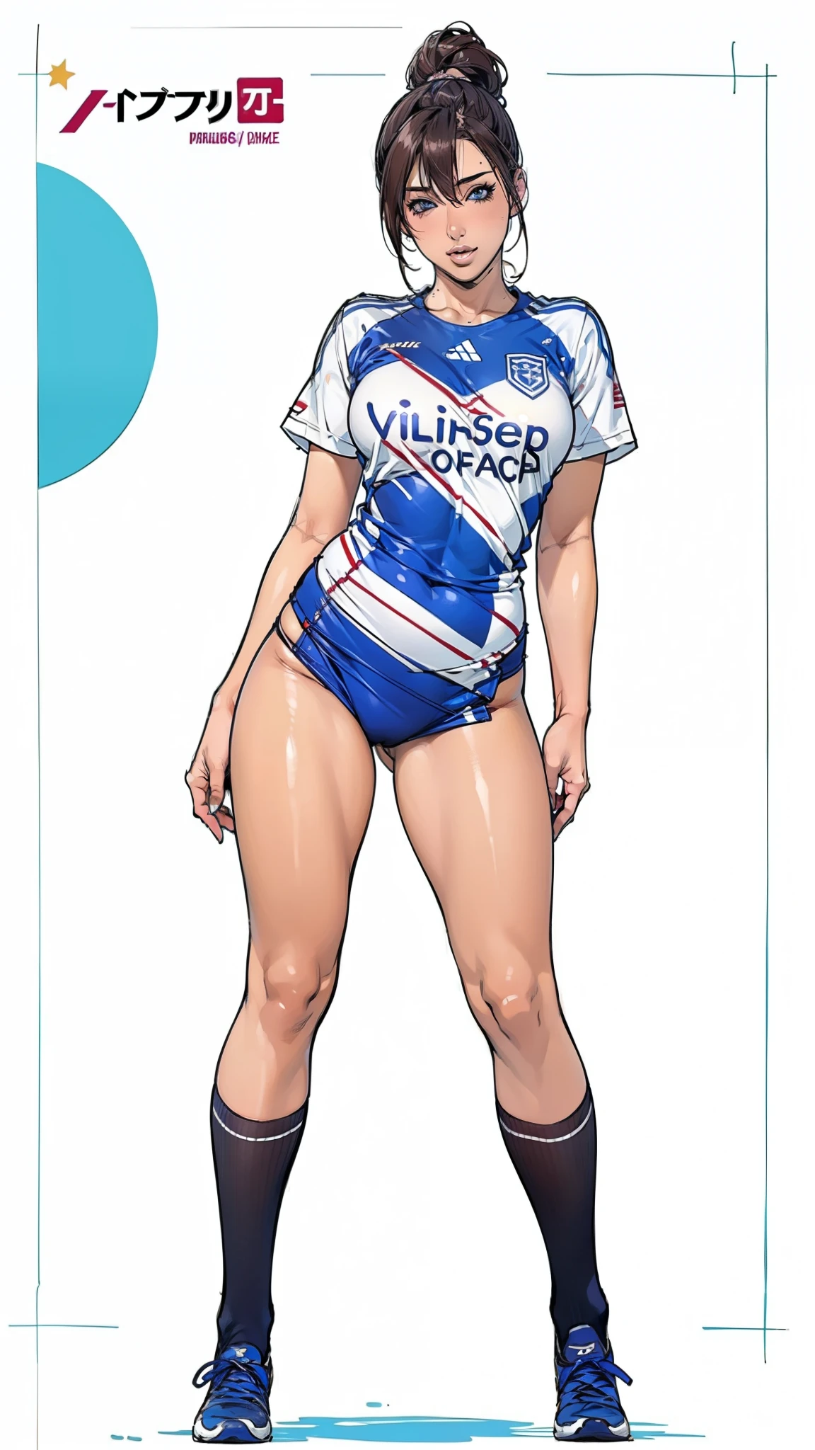 ((masterpiece)),(((best quality))),((character design sheet)),((rough sketch)),((vulgar)),thick thighs,1girl,big tits,((between breasts)),pussy juice,wearing an Wet sexual soccer uniform and soccer shoes,shirt harf lift,milking