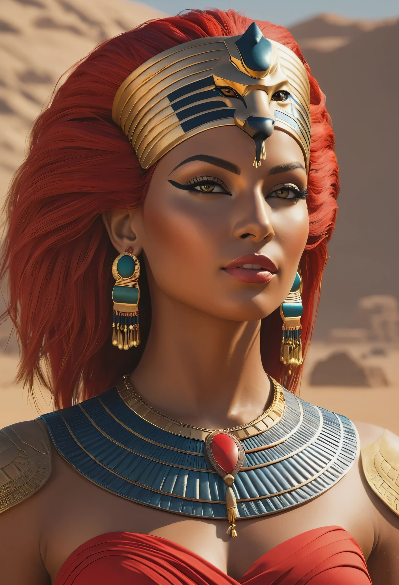 Create an ultra-high-resolution, detailed 4K CG masterpiece of Sekhmet, portrayed as a stunning modern woman with a feline head and vivid red hair, capturing the spirit of Egyptian mythology. She should be adorned with a Pharaoh's crown and wearing contemporary attire with traditional Egyptian elements. The setting is a vast desert, embodying a blend of ancient and modern aesthetics. The composition should be centered with a focus on Sekhmet's face, emphasizing her features in high dynamic range (HDR) quality and at 600 DPI.