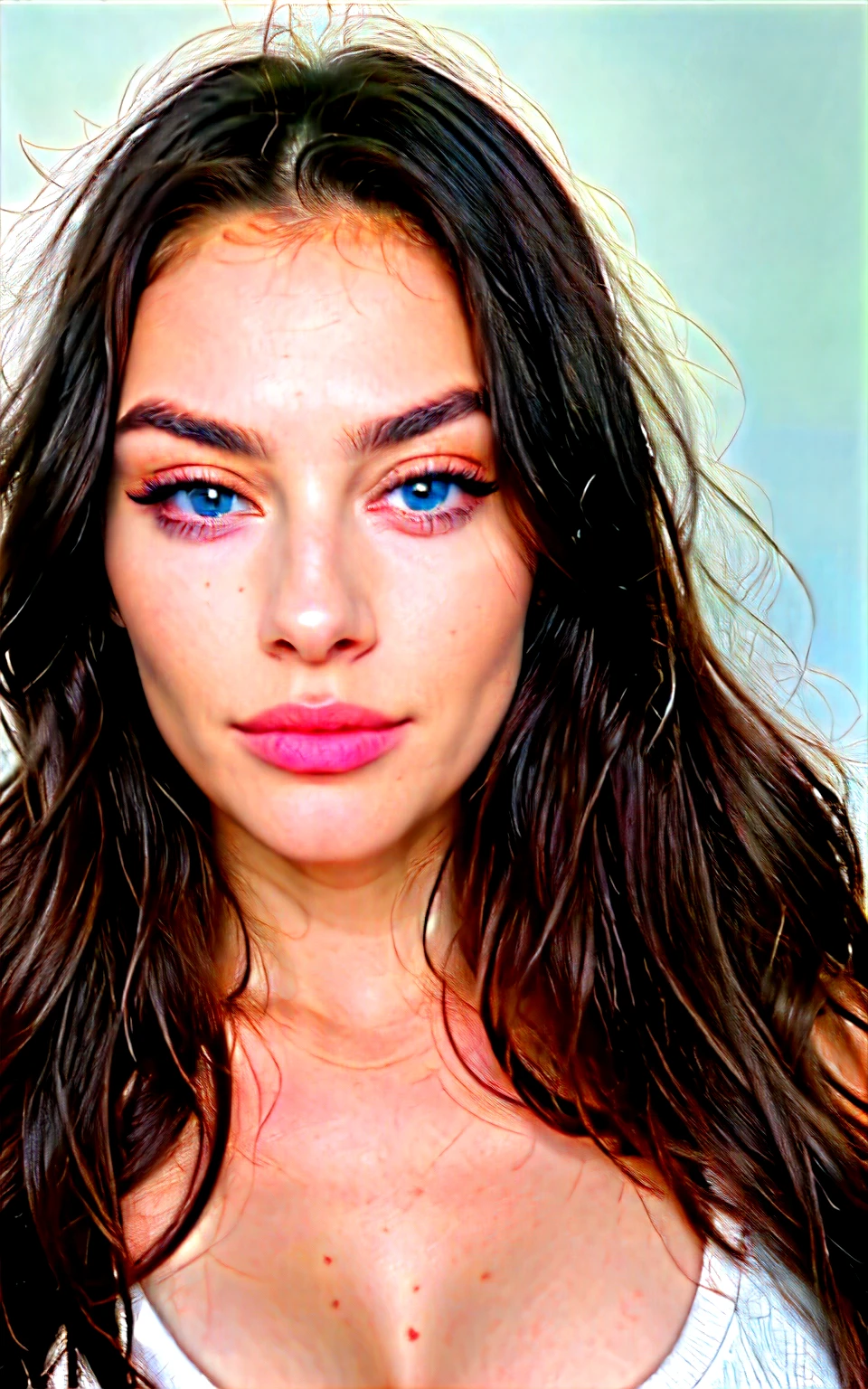 Plump lips, blue eyes, expressive cheekbones, raised eyebrows, lush long hair, ultra-textured skin, the face looks straight into the camera, full face