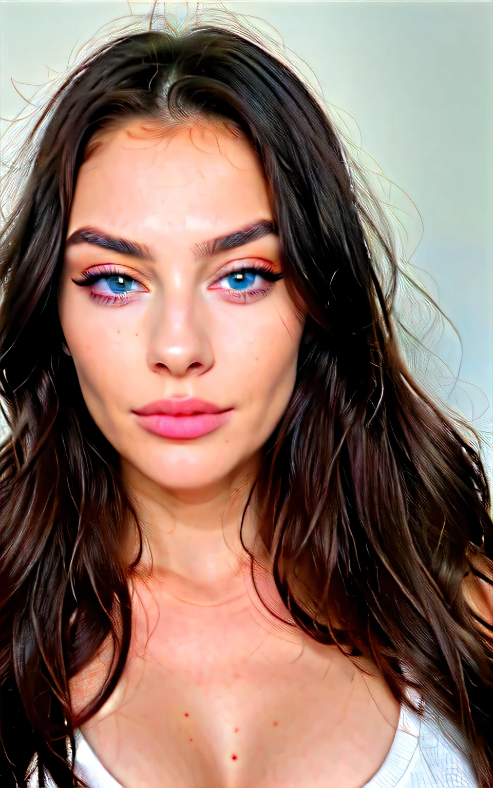 Plump lips, blue eyes, expressive cheekbones, raised eyebrows, lush long hair, ultra-textured skin, the face looks straight into the camera, full face