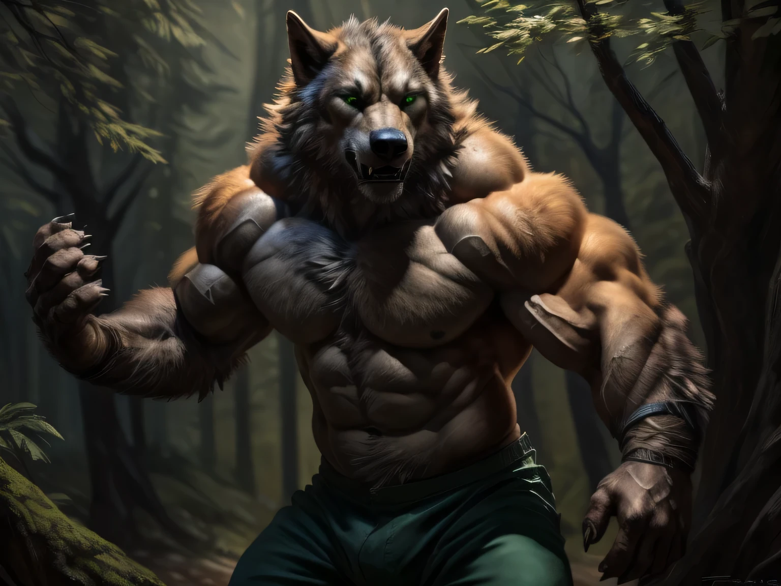 Werewolf, orange fur, bitone, white chest fur, black beard, green eyes, realistic eyes, posted on e621, furry body, anthro body, anthro werewolf, claws on hands, werewolf, solo, male, adult, masculine, (very muscular, large muscles, buff:1.2), correct anatomy, (photorealistic fur, detailed fur, epic, masterpiece:1.2), green short pants, in the forest, sitted in a tree, scratching his abs, scratch, itching in the abs, sexy shadows, (by echin, by Taran Fiddler, by Juiceps, by Rukis), (detailed eyes:1.2), impressive physique, strong body, pleasure face, looking at his abdominals,
