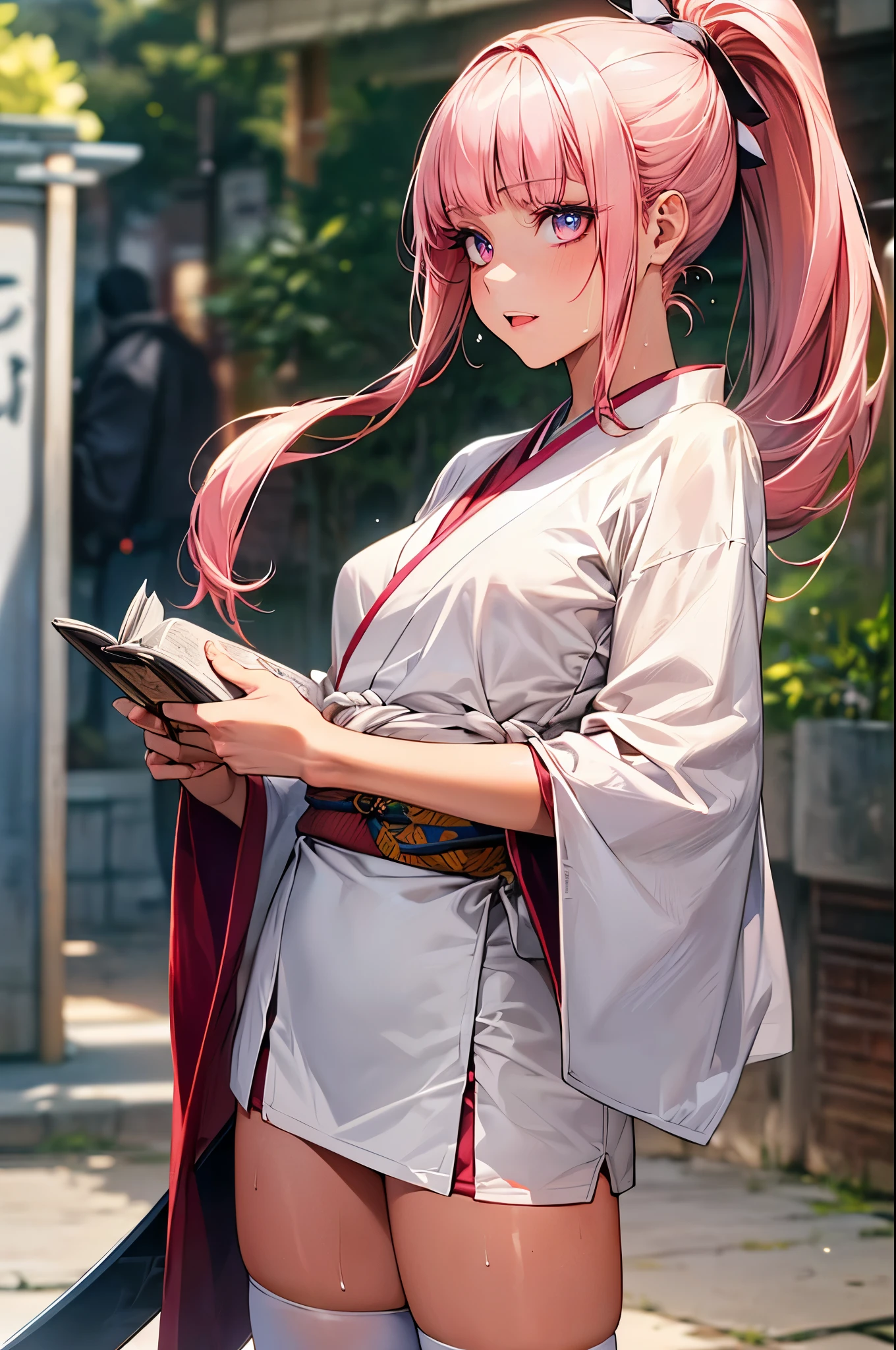 ((perfect anatomy,realistic,:1.3,RAW Photography:1.3,masterpiece、highest quality、Ultra - High resolution、High resolution、Highly detailed CG、8K)),cowboy shot,1 female,solo,20 year old beauty,((beautiful detailed face and eyes,big gorgeous eyes),pink eyes,(pink hair,ponytail,long hair,forehead,blunt bangs,straight hair)),(medium breasts,slender body,small head,skinny,tan skin,gleaming skin,shiny skin,sweat),(white kimono、white mini skirt,white_thighhighs、1Carrying a book Japanese sword in hand、Accurately depicted Japanese sword),on street,Tokyo、