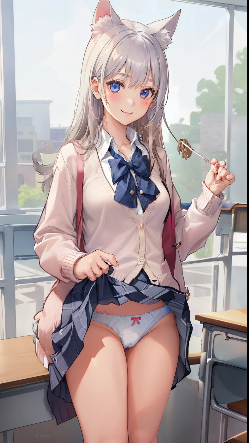 ((1 girl:1.5))、(smile:1.5)、、(cowboy shot)、(fun!!)、(white cardigan:1.5)、(dog ears)、(silver hair)、blush、(long hair)、(eye highlights:1.3)、blake black shoes,(黒いskirt:1.5)、bow, button, shirt with collar, long sleeve, ((red bow tie, ,, white shirt, チェック柄のskirt:1.5、white socks)),, shirt,, skirt, socks, thighs, white shirt, Rest indoors, ((classroom:1.5))、 BREAK while watching the audience、 (perfect hands, perfect anatomy),cowboy shot、(skirtlift:1.3),(highly detailed white panties:1.3)、(highly detailed panties:1.3)、、(skirt that rolls up:1.3)、(fully exposed panties:1.5)、light blue eyes