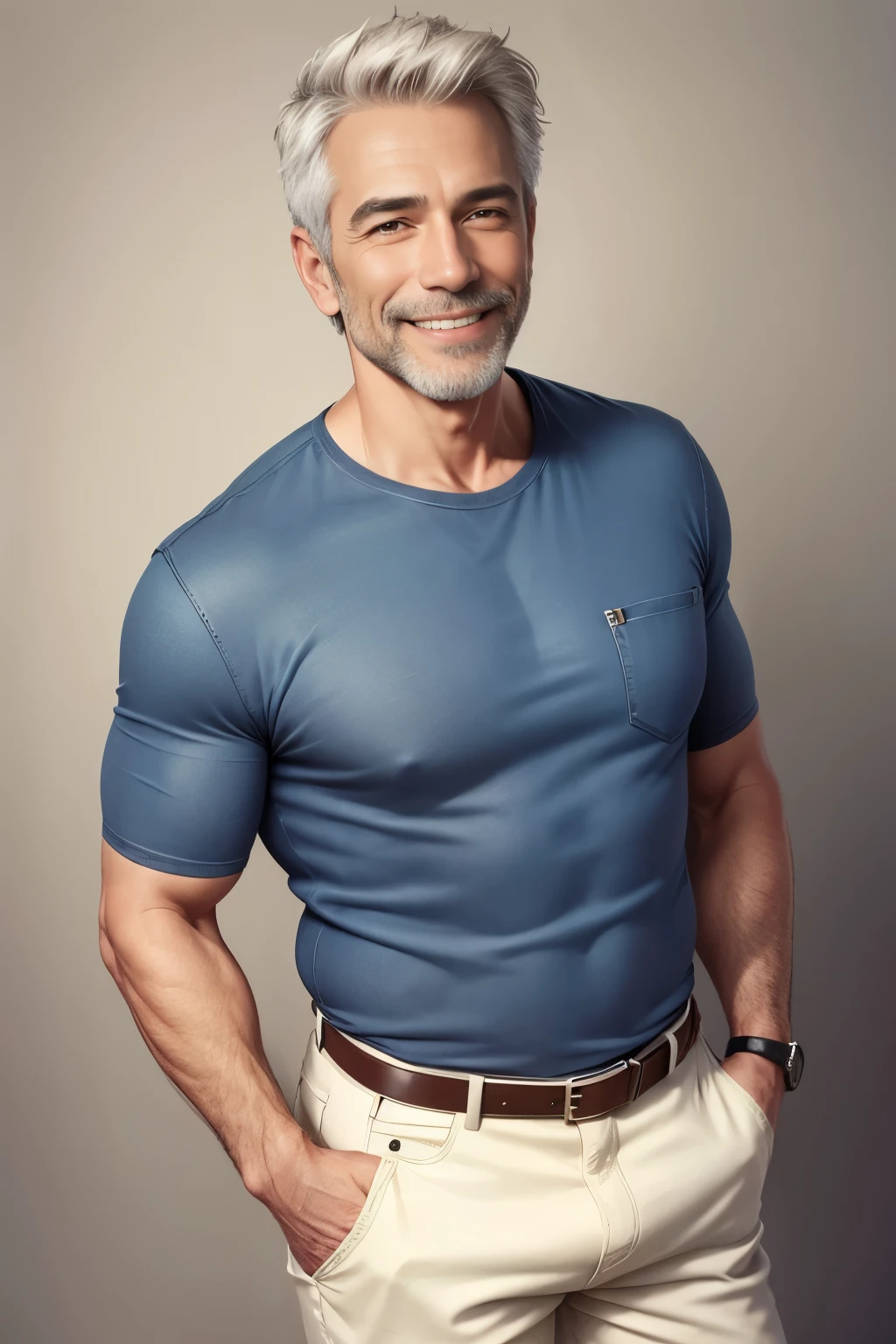 handsome man around 55 years old, happy, smiling, wearing jeans and thank top on a neutral background