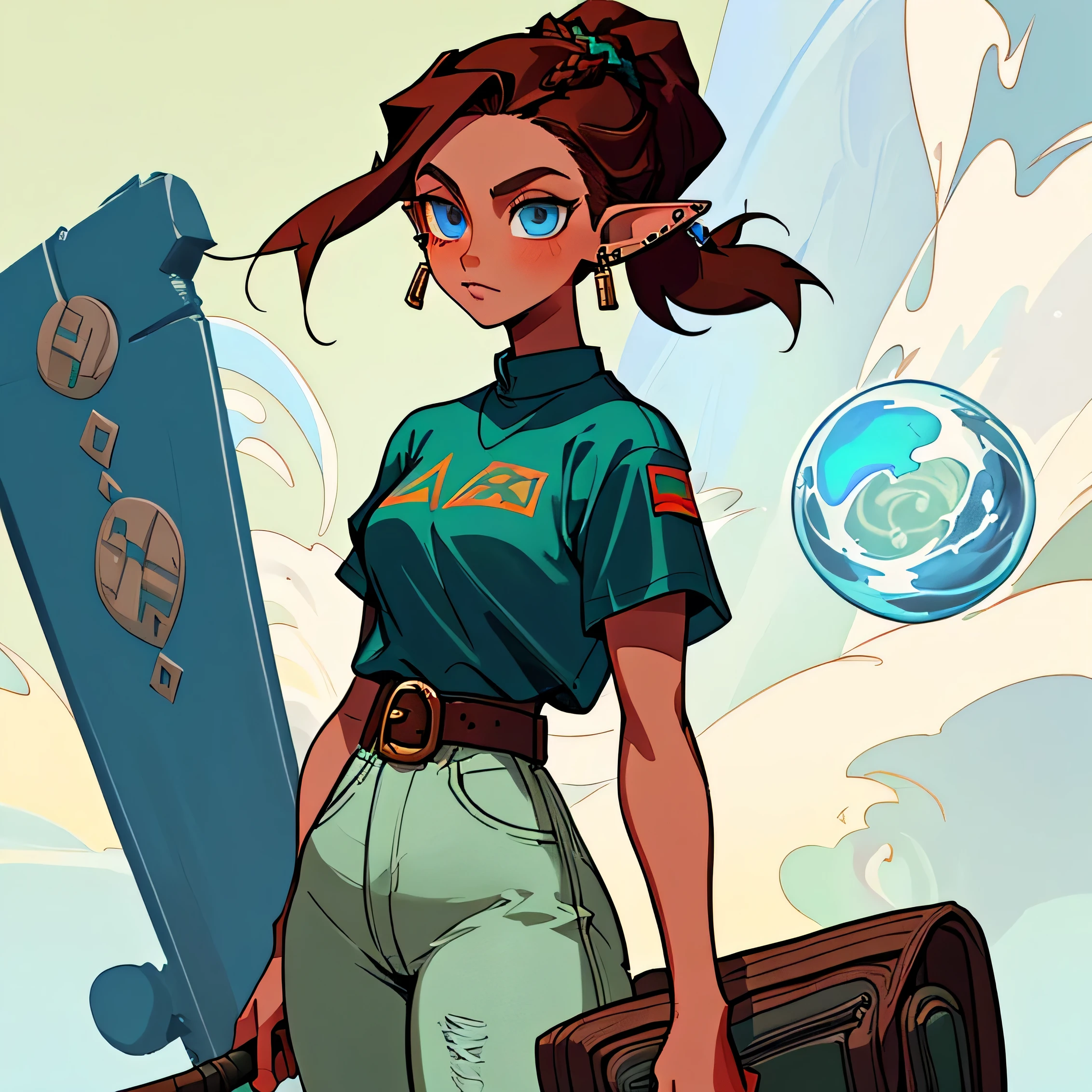 a beautiful woman elf wearing T-shirt, with jacket, short and high waist jeans, sneakers, wearing bag pack, 5 piercings, a woman elf in long ponytail and braid, reddish dark brown hair, greenish blue eyes, luxurious and elegant quantum physics in the sky as the background