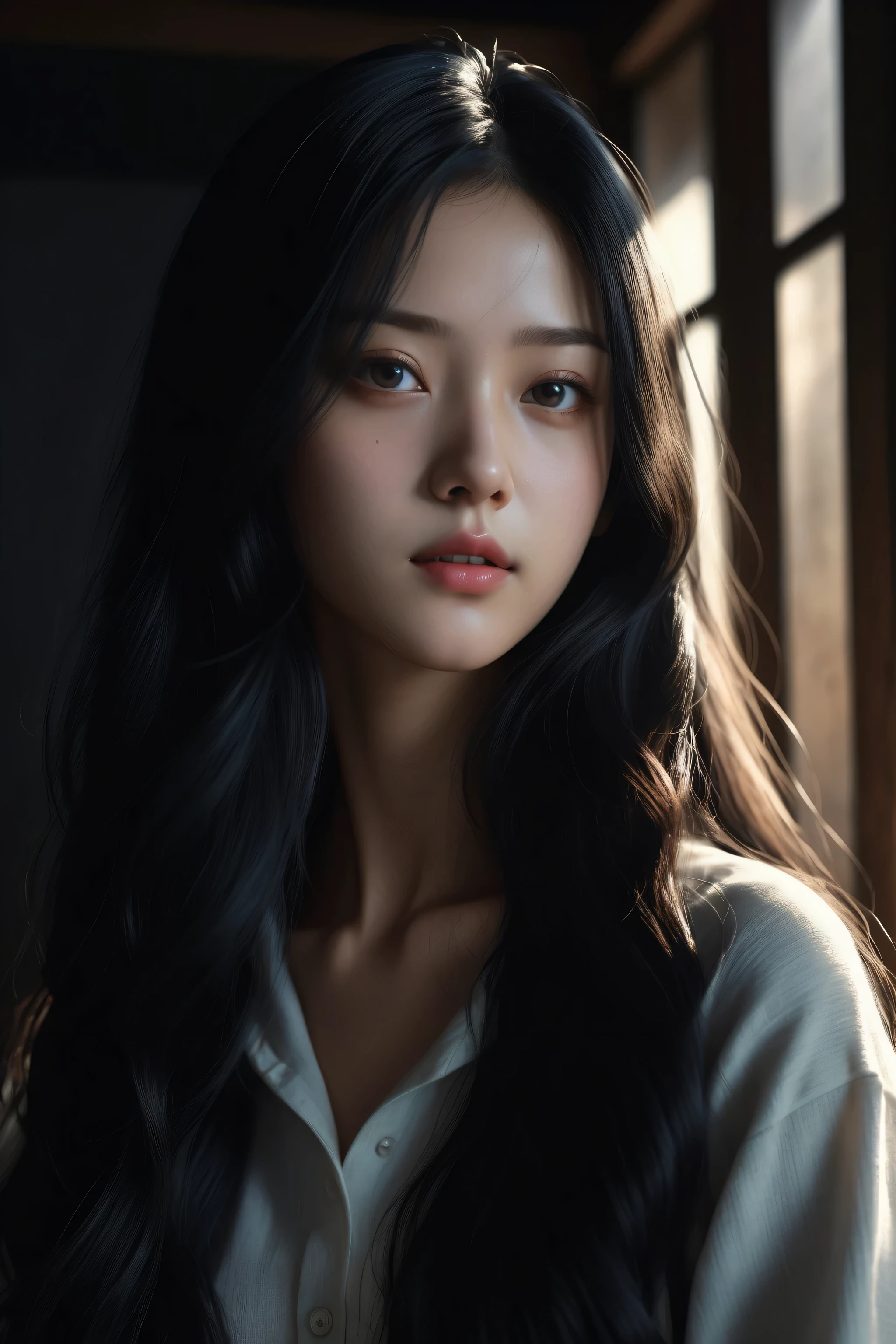 highest quality, masterpiece, ultra high resolution, (realistic:1.5), Raw photo, 1 girl, in the dark, deep shadow,, cold light, long black hair、nostalgic、