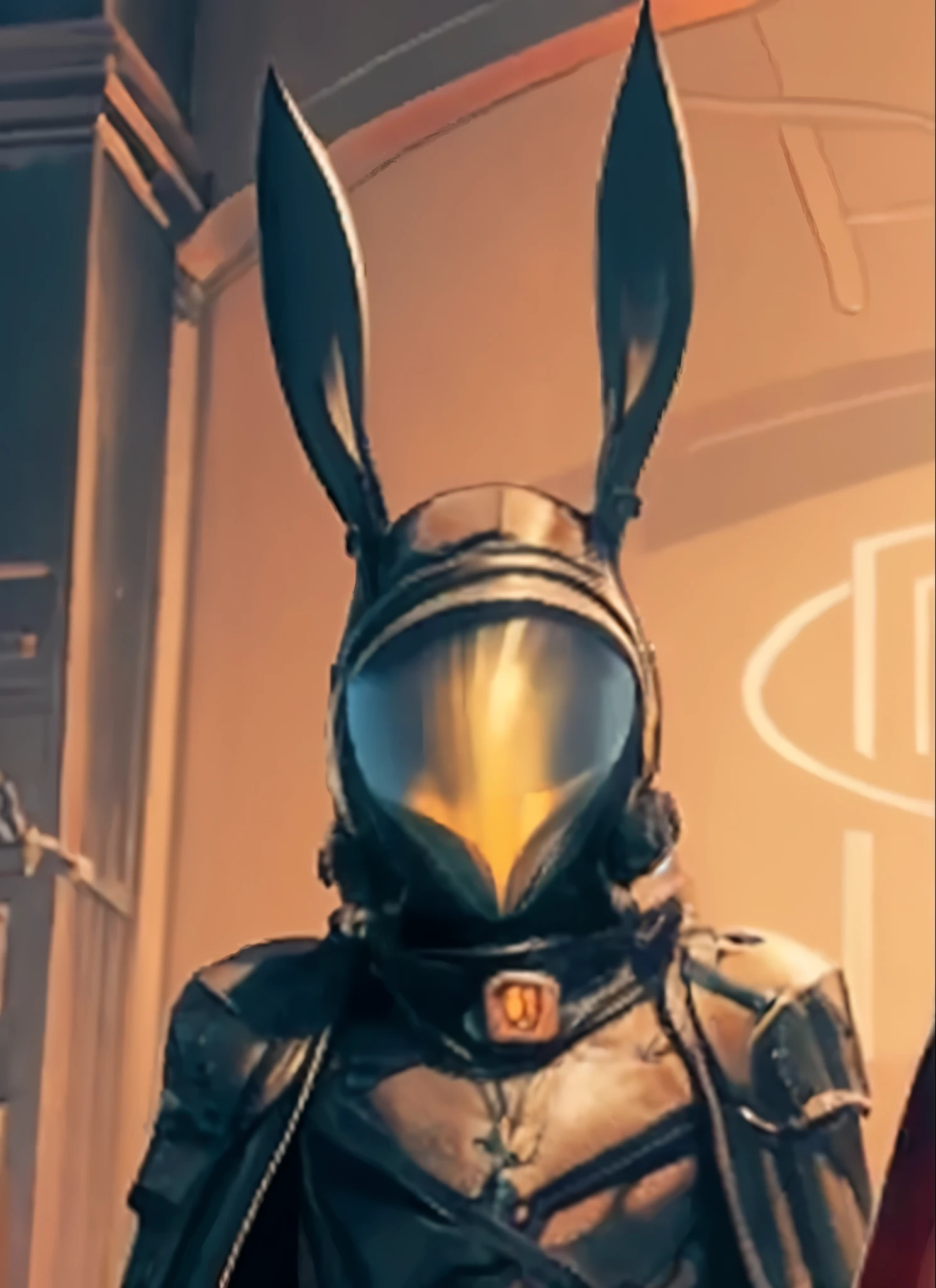 a close up of a person in a costume with a rabbit head, wearing cybernetic bunny ears, rabbt_character, bunny with helmet and sword, anthropomorphic rabbit, bunnypunk, rabbit robot, rabbit shaped helmet, electrixbunny, cyborg jackalope cyberpunk, rabbit warrior, rendred in redshift, bunny suit, wojtek fus