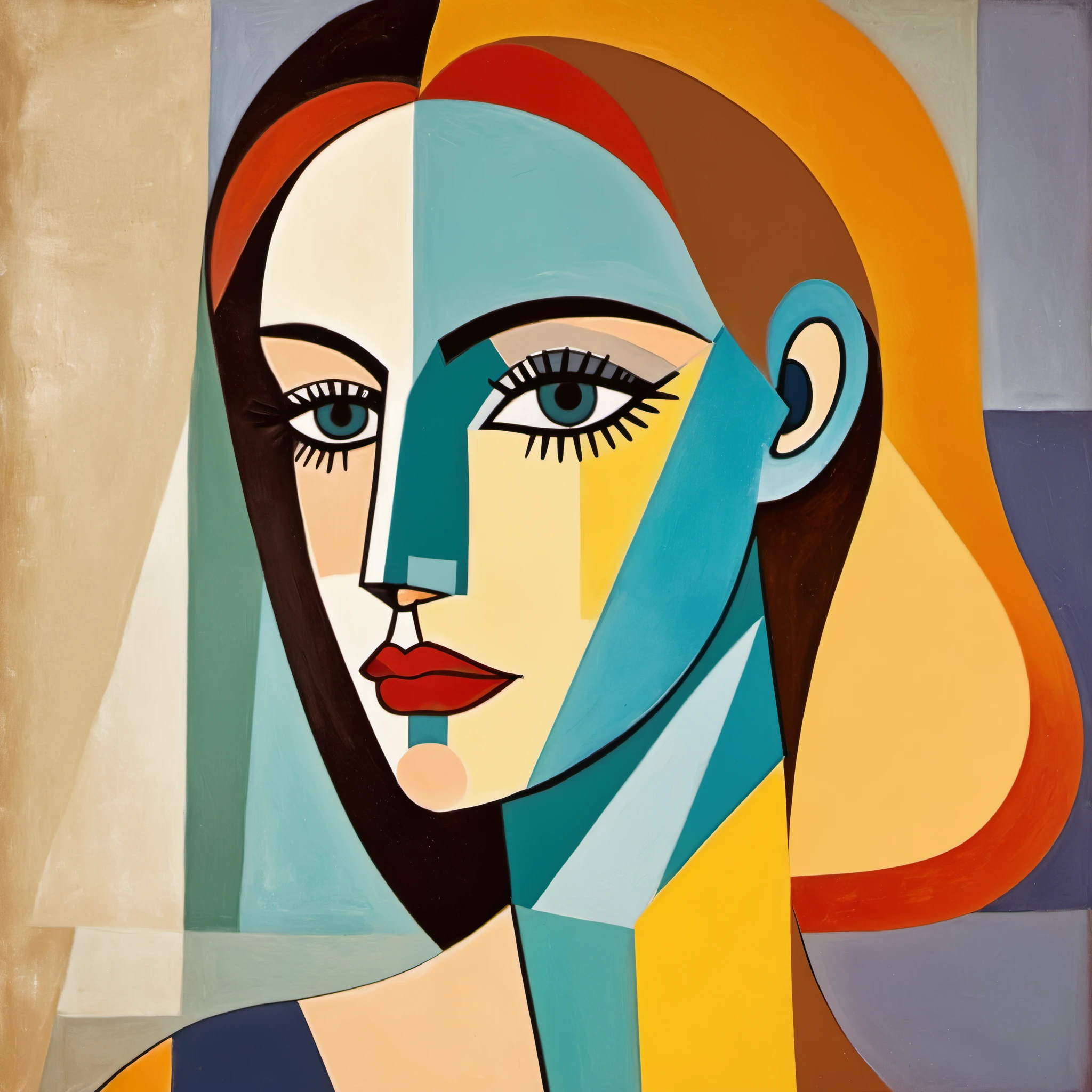 colorful, high contrast, Picasso cubism art of a woman,subtle colors, minimalist, faint, colorful,   