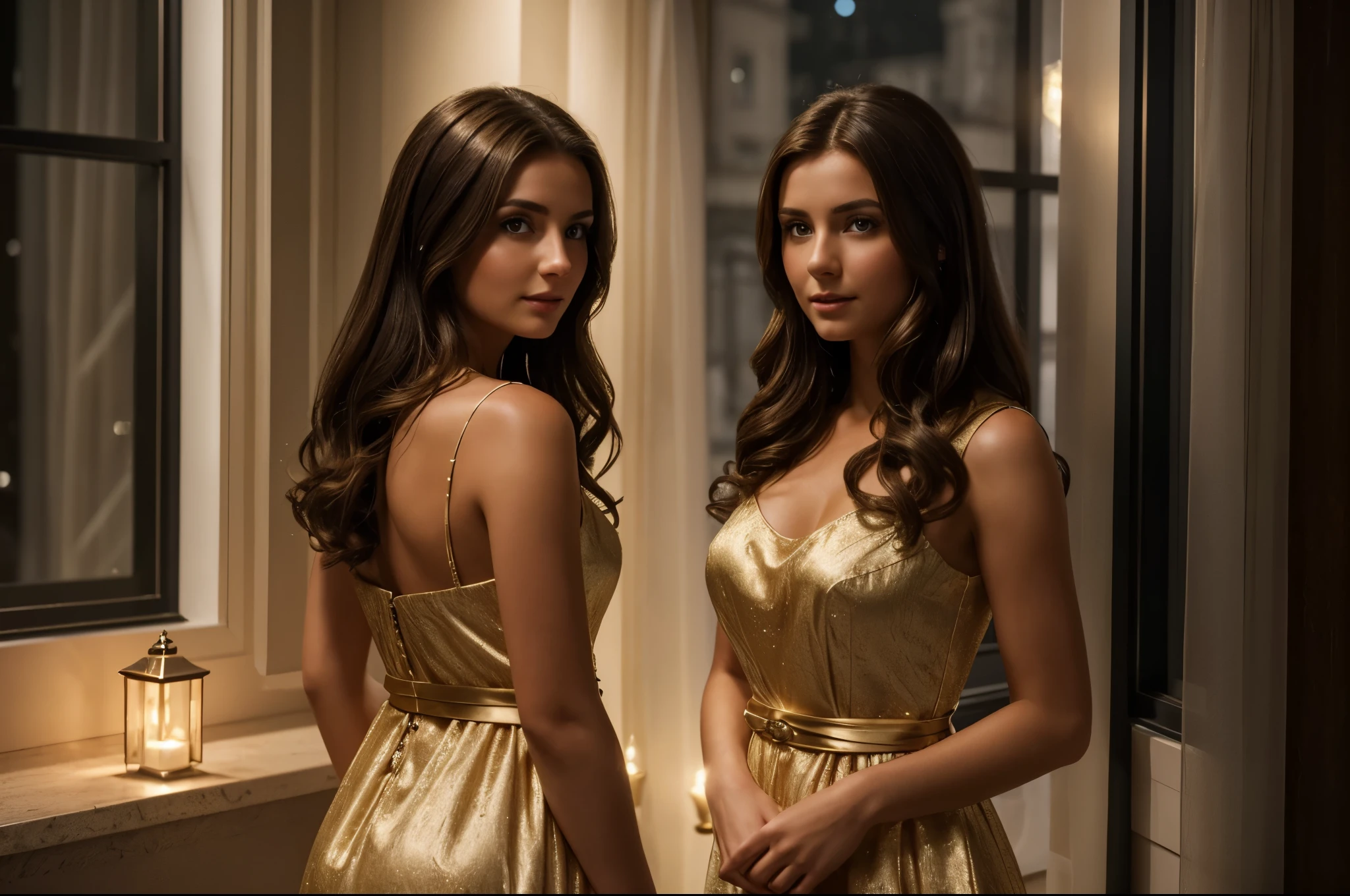 (Best quality:1.5), 8 k, high quality, (realistic), detailed, (European appearance), ((to the waist)), beautiful facial features, young woman (brunette), in a dress, near the window, night, looks at the viewer, cinematic lighting, detailing,