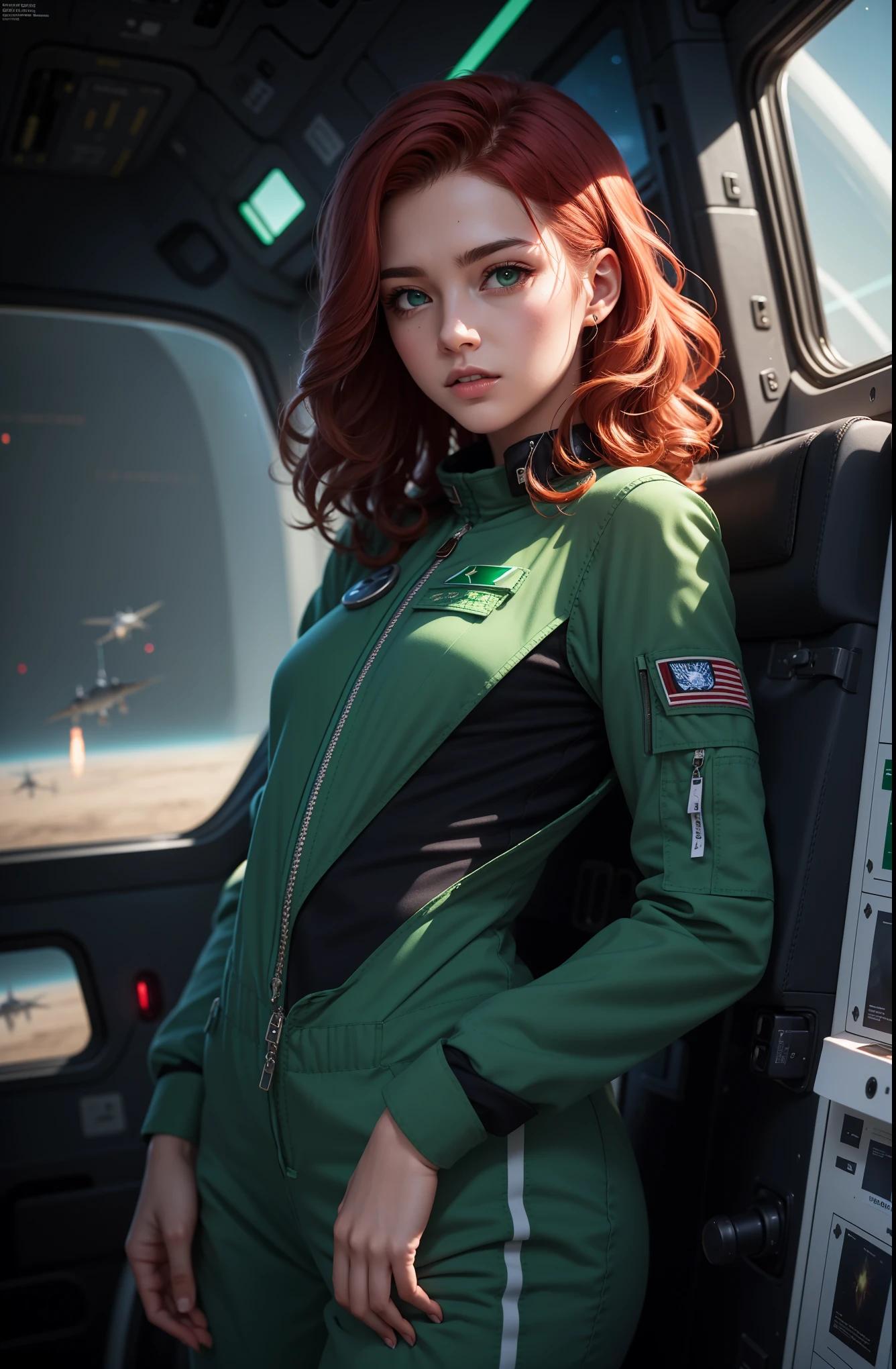 ((photorealism, high quality, detail)), (more than half of the body:1.10), ((it costs half a turn:1.10)) science fiction, Futuristic setting, Military, (girl-pilot of the space fleet), (girl-pilot of a spaceship), ((slender girl 25 years old, thin figure:1.7, small breasts)), attractive appearance, looks at us with seductive eyes, (sly face), very beautiful, ((redheads)) thick curly hair (shoulder length:1.5), blue eyes, ((dark green)) uniform, (((dark green space pilot jumpsuit))),
(medals:1.10), volumetric lighting, Sargent ISO1600 uniform, unreal engin 5, octane rendering, (2D: 1.2), digital painting, artstation, concept art, smooth, clear focus,