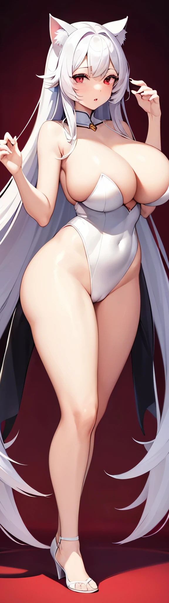 highest quality　High resolution　one young beautiful woman　red eyes　beautiful white hair　medium perm　cute soft girl　Cat ear　The huge breasts of a virgin killer with amazing charm　bbw　open your legs vertically　standing on one leg