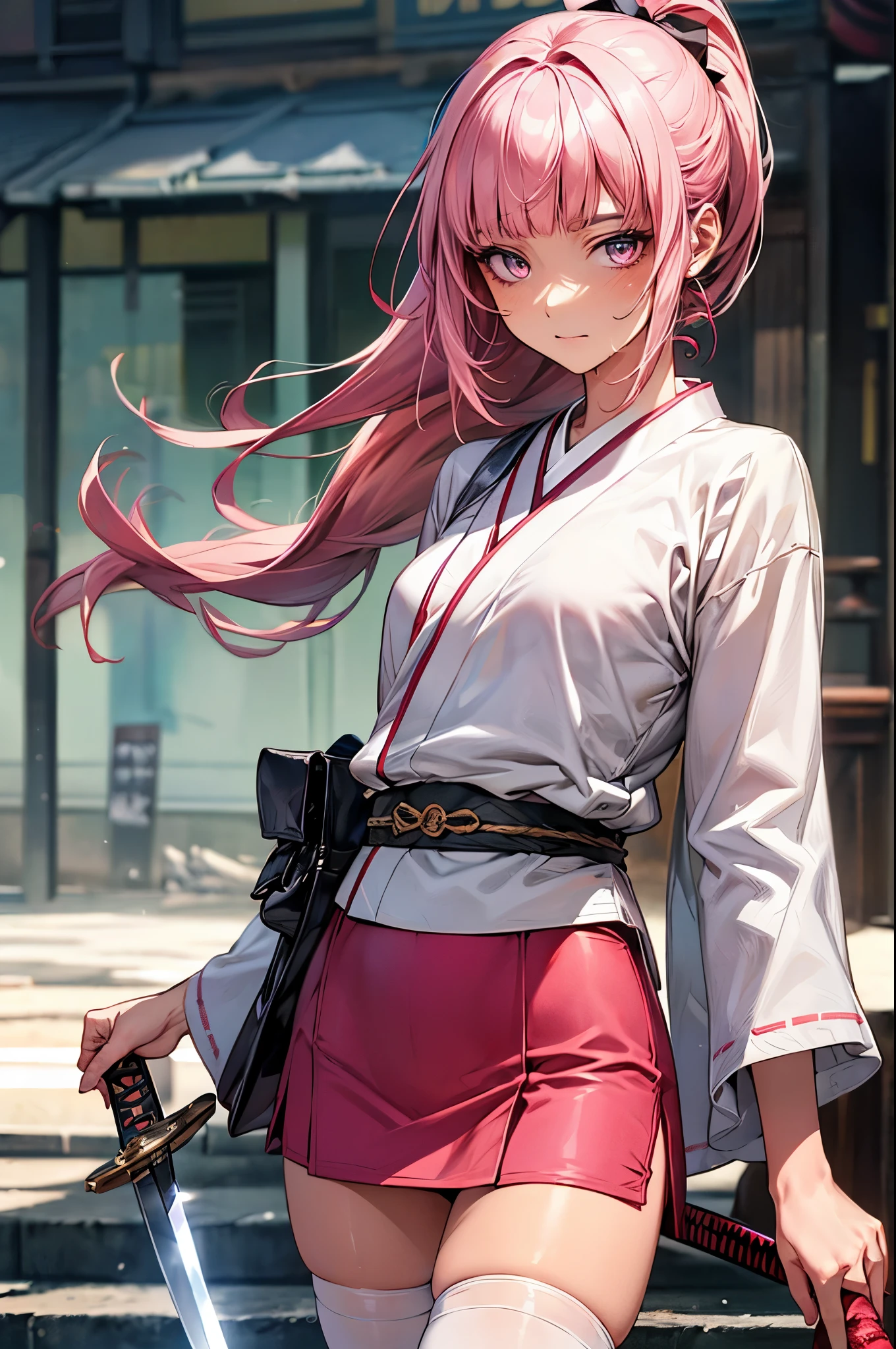 ((perfect anatomy,realistic,:1.3,RAW Photography:1.3,masterpiece、highest quality、Ultra - High resolution、High resolution、Highly detailed CG、8K)),cowboy shot,1 female,solo,20 year old beauty,((beautiful detailed face and eyes,big gorgeous eyes),pink eyes,(pink hair,ponytail,long hair,forehead,blunt bangs,straight hair)),(medium breasts,slender body,small head,skinny,tan skin,gleaming skin,shiny skin,sweat),(white kimono、pink mini skirt,white_thighhighs、1holding a book Japanese sword in hand、posture of fighting with a sword、Accurately depicted Japanese sword),apocalyptic world,collapsed building、rubble、on street,Tokyo、