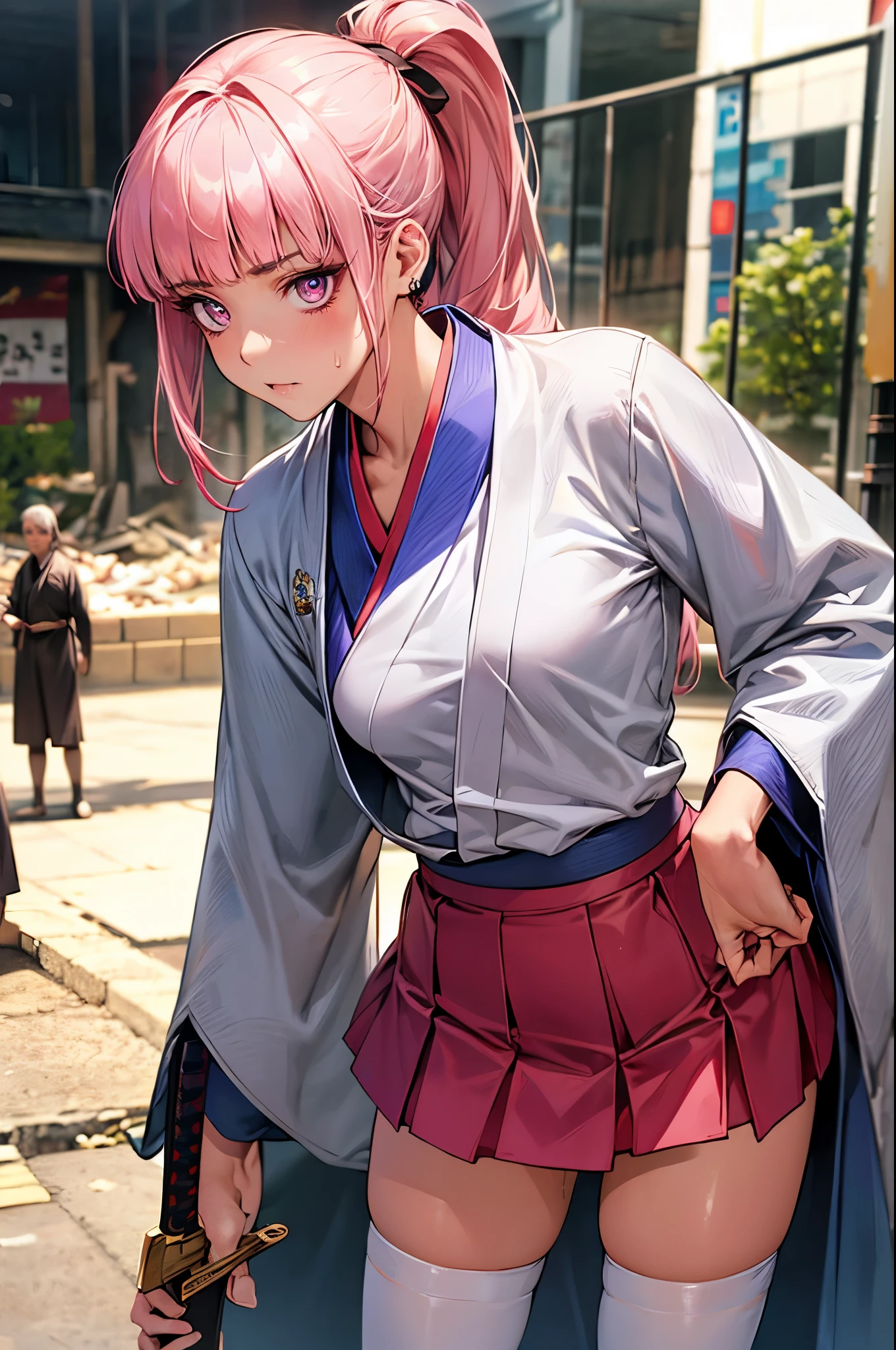 ((perfect anatomy,realistic,:1.3,RAW Photography:1.3,masterpiece、highest quality、Ultra - High resolution、High resolution、Highly detailed CG、8K)),cowboy shot,1 female,solo,20 year old beauty,((beautiful detailed face and eyes,big gorgeous eyes),pink eyes,(pink hair,ponytail,long hair,forehead,blunt bangs,straight hair)),(medium breasts,slender body,small head,skinny,tan skin,gleaming skin,shiny skin,sweat),(white kimono、pink mini skirt,white_thighhighs、1holding a book Japanese sword in hand、posture of fighting with a sword、Accurately depicted Japanese sword),apocalyptic world,collapsed building、rubble、on street,Tokyo、
