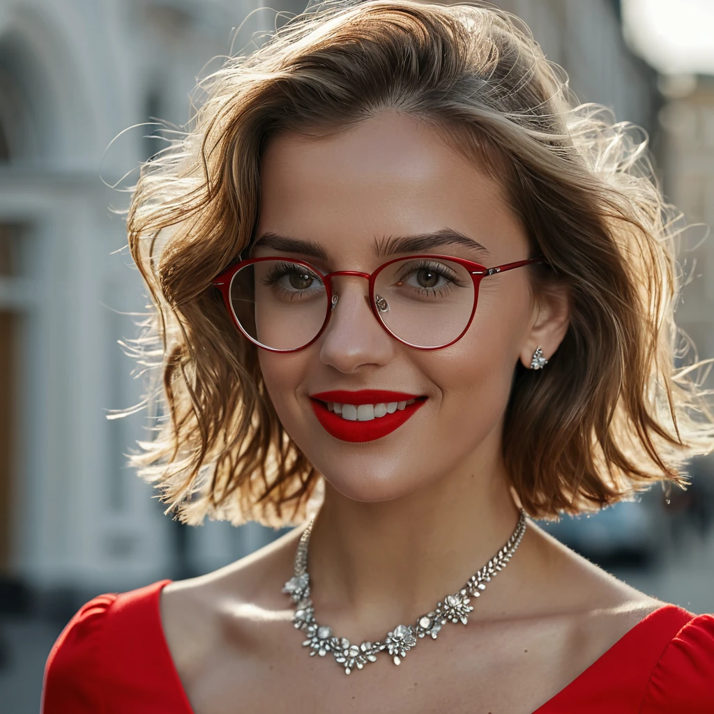 (8K, Masterpiece, RAW photo, Best quality, detail:1.3), (ultra realistic:1.4, scenary, 8K), Depth of field, Cinematic light, Lens flare, Ray tracing, (ultra realistic face), 1girl, (Beautiful and elegant Russian girl), (tight red mini dress:1.4), (athletic girl with glasses), (European face:1.3), (natural abs exposed), (full body:1.3), (tight small gloves:1.2), (small necklace, collarbone:1.2), (messy hair), (detailed skin:1.3), red lipstick, smile