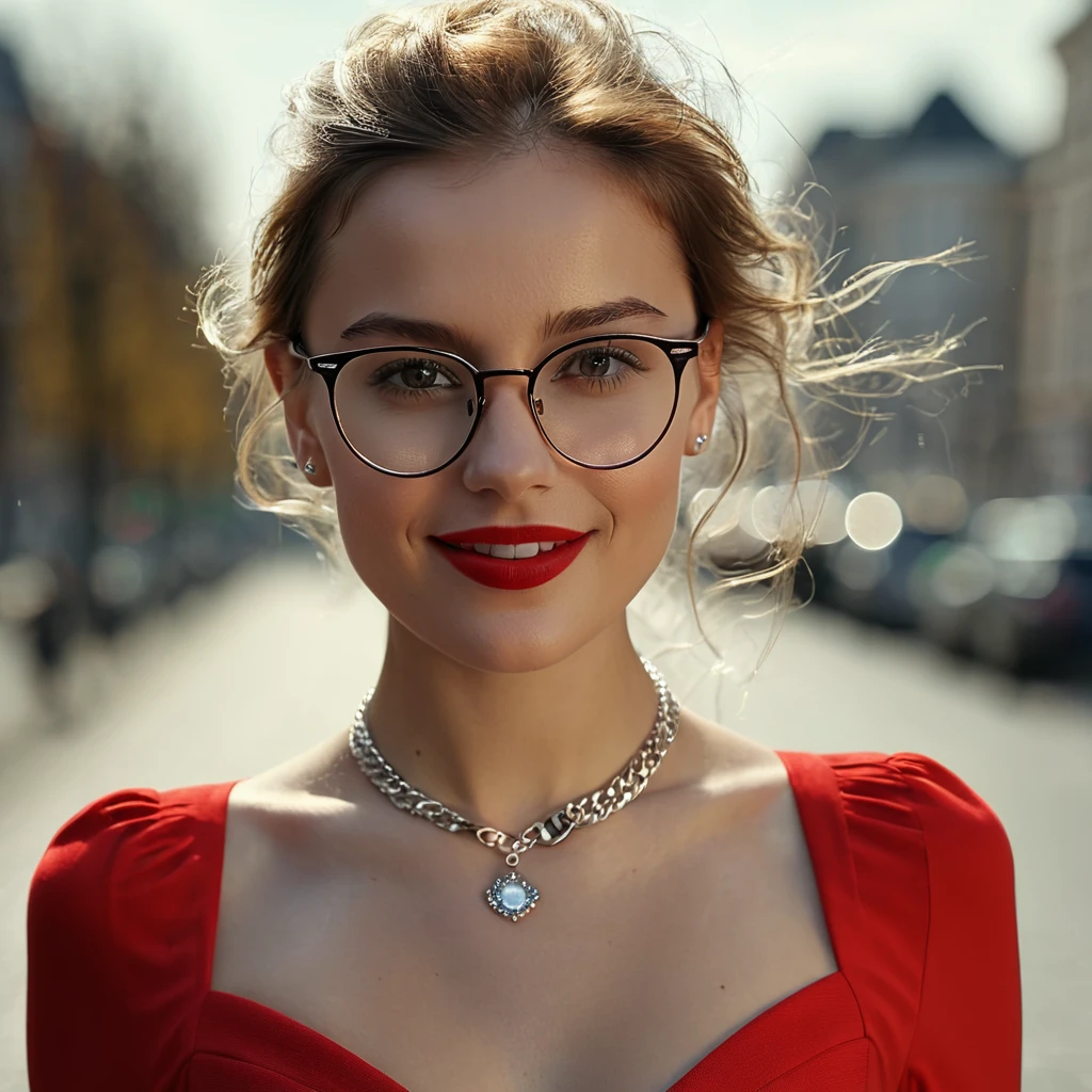 (8K, Masterpiece, RAW photo, Best quality, detail:1.3), (ultra realistic:1.4, scenary, 8K), Depth of field, Cinematic light, Lens flare, Ray tracing, (ultra realistic face), 1girl, (Beautiful and elegant Russian girl), (tight red mini dress:1.4), (athletic girl with glasses), (European face:1.3), (natural abs exposed), (full body:1.3), (tight small gloves:1.2), (small necklace, collarbone:1.2), (messy hair), (detailed skin:1.3), red lipstick, smile