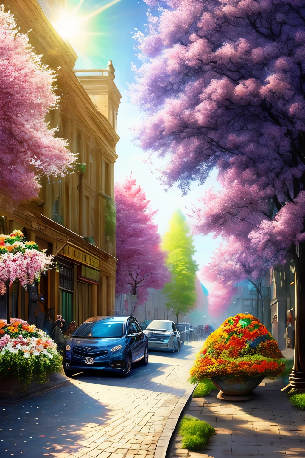Amidst the vibrant hues of a rainbow, a bustling street comes to life during the radiant season of spring. Blossoming trees line the sidewalks, their petals in full bloom, painting the scene with a picturesque display of colors. The gentle breeze carries the sweet fragrance of the flowers, creating an enchanting ambiance. Every detail is captured in stunning realism with a 4k resolution, revealing every intricate texture and captivating every viewer's sense of wonder. This idyllic tableau is a celebration of nature's rebirth and the beauty that unfolds during the most enchanting of seasons.