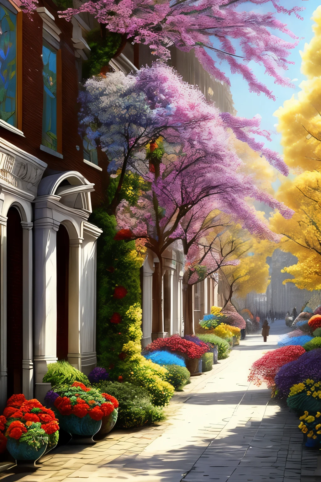 Amidst the vibrant hues of a rainbow, a bustling street comes to life during the radiant season of spring. Blossoming trees line the sidewalks, their petals in full bloom, painting the scene with a picturesque display of colors. The gentle breeze carries the sweet fragrance of the flowers, creating an enchanting ambiance. Every detail is captured in stunning realism with a 4k resolution, revealing every intricate texture and captivating every viewer's sense of wonder. This idyllic tableau is a celebration of nature's rebirth and the beauty that unfolds during the most enchanting of seasons.