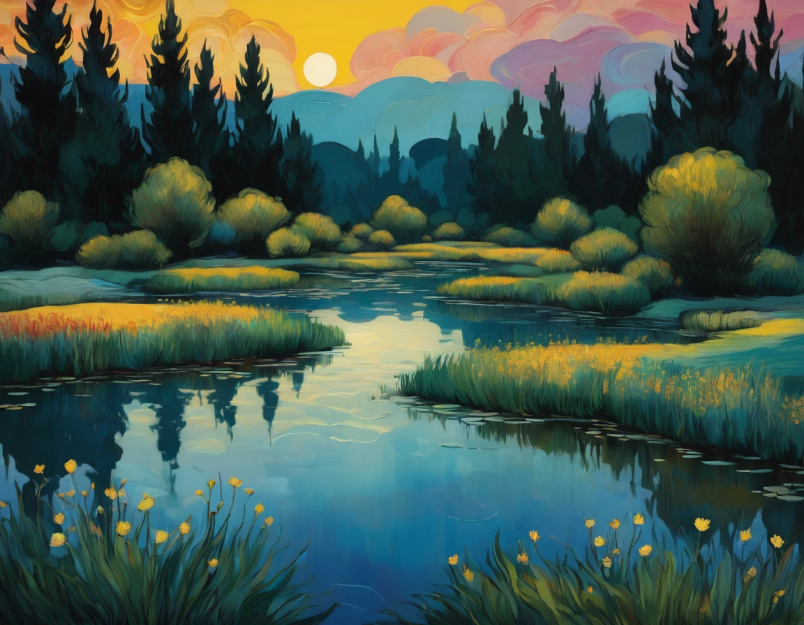 A contemporary art illustration merging Rembrandt's chiaroscuro technique with Van Gogh's expressive brushstrokes, creating a tranquil twilight pond scene. The water's surface reflects the fading sunlight, shimmering with the golden hues and a hint of blue. In the background, a silhouette of an urban skyline emerges, blending tradition and modernity. Van Gogh's signature swirls dance among the trees, while a futuristic bridge spans across the pond, symbolizing the harmonious blend of classic art and contemporary innovation. The overall ambiance exudes a sense of serenity and emotional depth, capturing the ephemeral beauty of twilight.