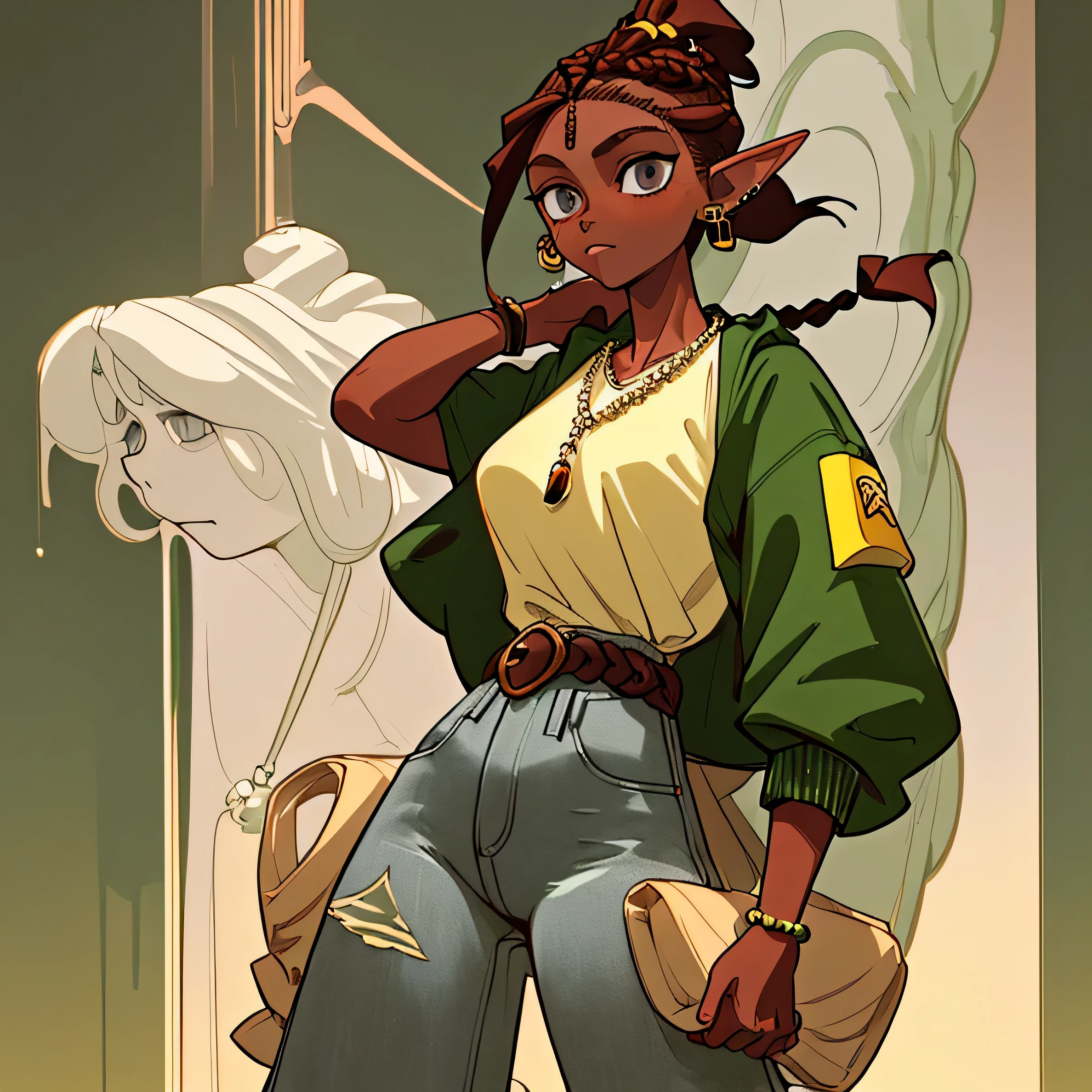 a beautiful woman elf wearing T-shirt, wearing jacket, wearing necklace, short and high waist jeans, sneakers, wearing bag pack, 5 piercings, a woman elf in long ponytail and braids, beads in braids, reddish dark brown hair, greenish grey eyes, yellowish light brown skin, luxurious and elegant quantum physics in the sky as the background