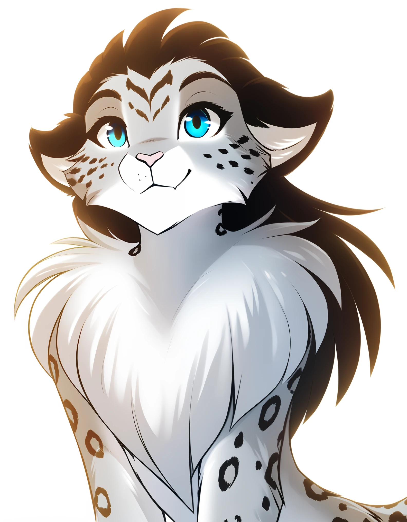 solo, tkadirariftwall, keidran, mammal, pantherine, adira_riftwall_(twokinds) , adira_riftwall, twokinds, rating:safe, white background, white_background, female, snow leopard, spotted fur, blue eyes, 