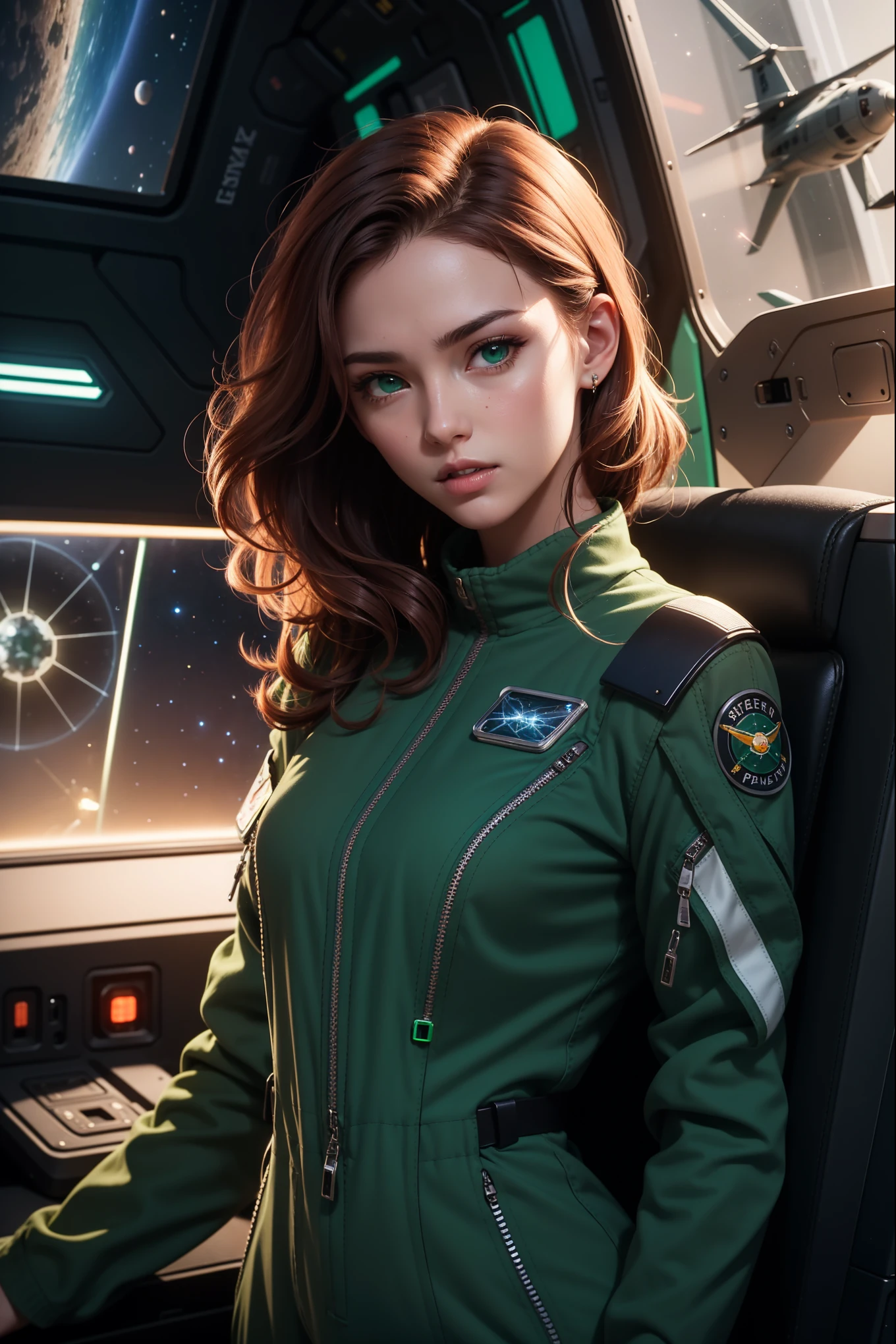 ((photorealism, high quality, detail)), (more than half of the body:1.10), ((it costs half a turn:1.10)) science fiction, Futuristic setting, Military, (girl-pilot of the space fleet), (girl-pilot of a spaceship), ((slender girl 25 years old, thin figure:1.7, small breasts)), attractive appearance, looks at us with seductive eyes, (sly face), very beautiful, ((redheads:1.10)) thick curly hair (shoulder length:1.5), blue eyes, ((dark green)) uniform, (((dark green space pilot jumpsuit))),
(medals:1.10), volumetric lighting, Sargent ISO1600 uniform, unreal engin 5, octane rendering, (2D: 1.2), digital painting, artstation, concept art, smooth, clear focus,