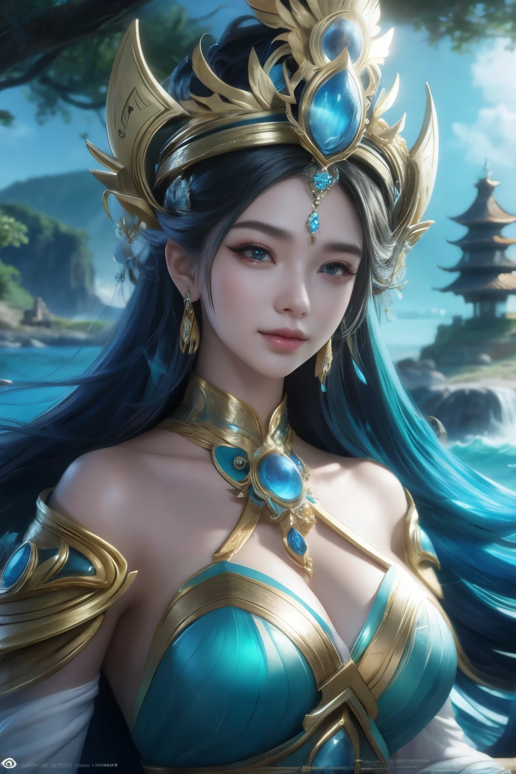 (high quality), (masterpiece), (detailed), 8K Hyper-realistic portrayal of Kadita, the Ocean Goddess, in a futuristic setting, showcasing intricate details and lifelike precision in her depiction as a Japanese girl character.