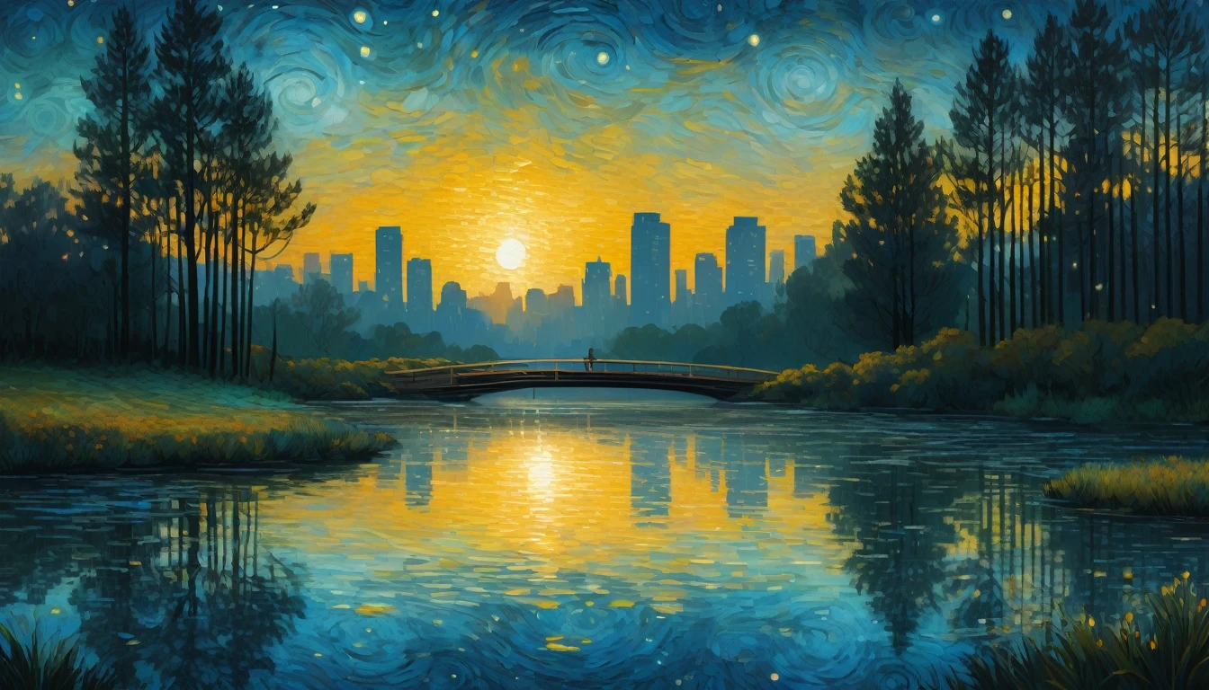 A contemporary art illustration merging Rembrandt's chiaroscuro technique with Van Gogh's expressive brushstrokes, creating a tranquil twilight pond scene. The water's surface reflects the fading sunlight, shimmering with the golden hues and a hint of blue. In the background, a silhouette of an urban skyline emerges, blending tradition and modernity. Van Gogh's signature swirls dance among the trees, while a futuristic bridge spans across the pond, symbolizing the harmonious blend of classic art and contemporary innovation. The overall ambiance exudes a sense of serenity and emotional depth, capturing the ephemeral beauty of twilight.