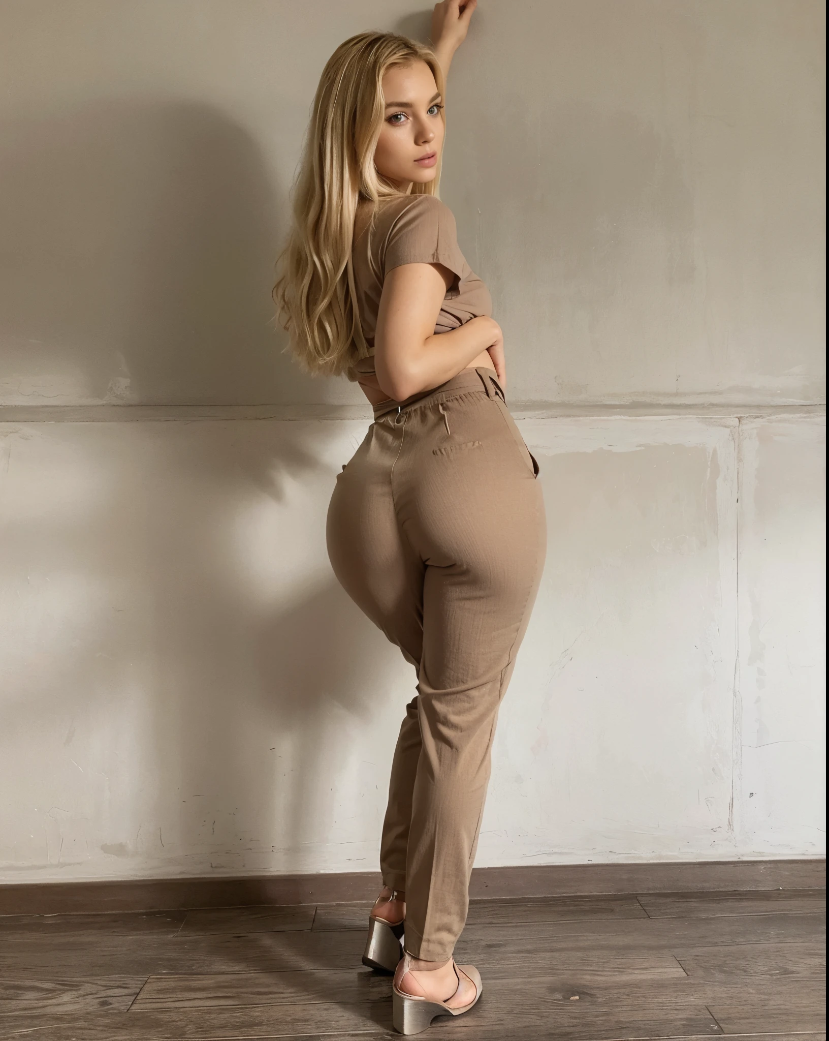 Make blonde Amanda in this same pose wearing an identical outfit in an identical setting, cabelo loiro