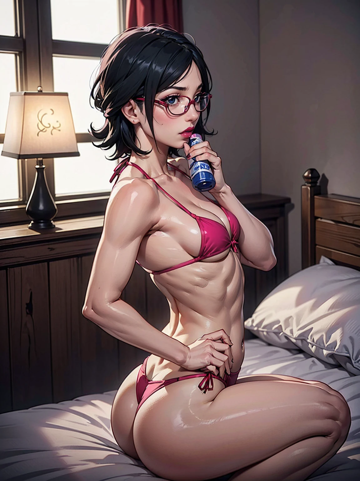 (1girl, solo, alone), (WakatsukiRisa, Sarada Uchiha, black hair, short hair, black eyes, red glasses), ((solo, (1woman, (small bust),pink lipstick, black eyes), Extremely detailed, ambient soft lighting, 4k, perfect eyes, a perfect face, perfect lighting, a 1girl)), ((fitness, shapely body, athletic body, toned body)), (((araffe woman in a bikini sitting on a bed holding a bottle of shampoo, 🐎🍑, she's on my bed in bikini, thick thigs, sexy hot body, on my bed, perfect body, toned derriere, sexy body, thick body, fit girl, beautiful thick female, fit curvy physique, focus her back, on the bed)))