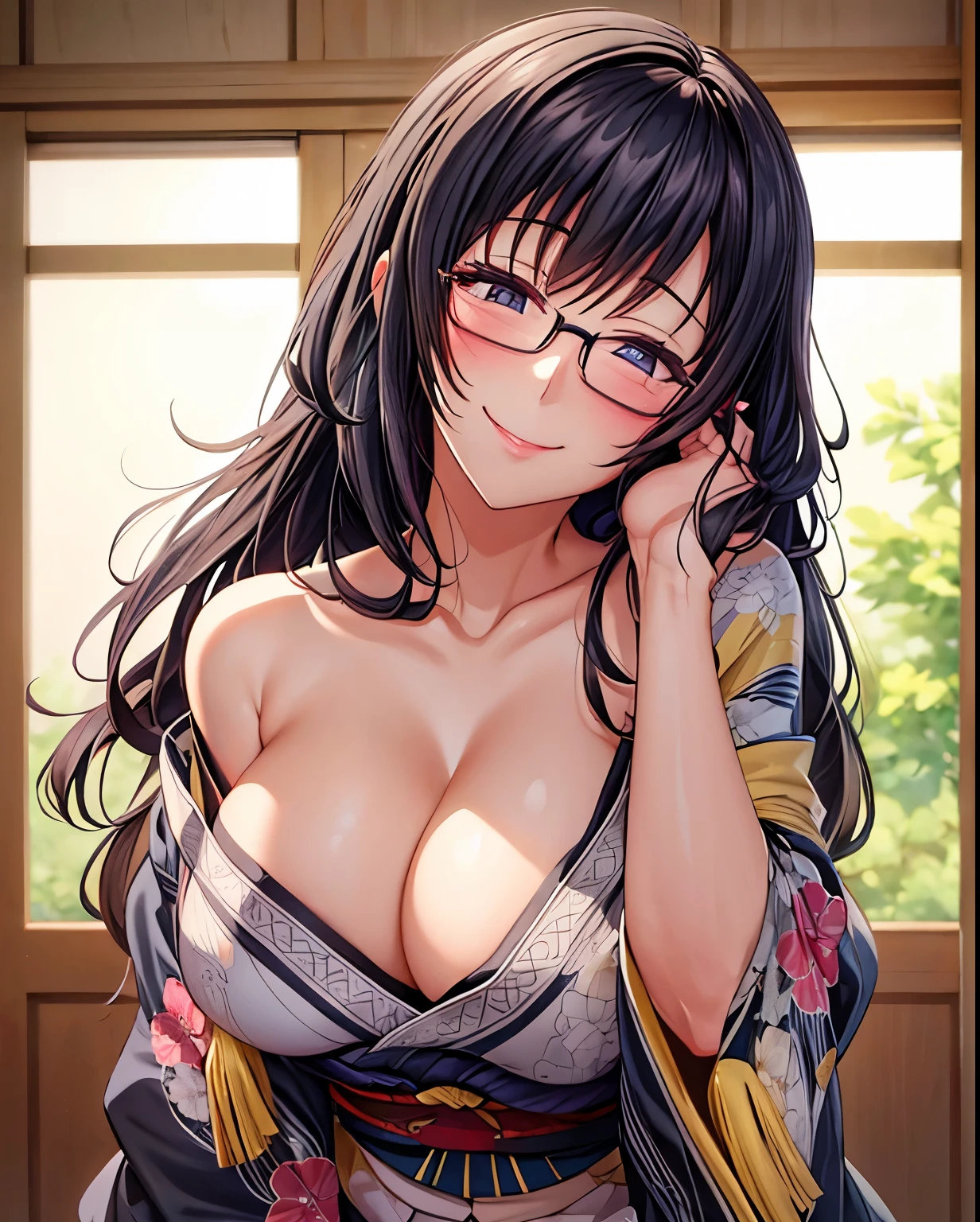 1 milf, long black hair, very big breasts, wearing glasses, smiling lewdly, blushing, wearing kimono 
