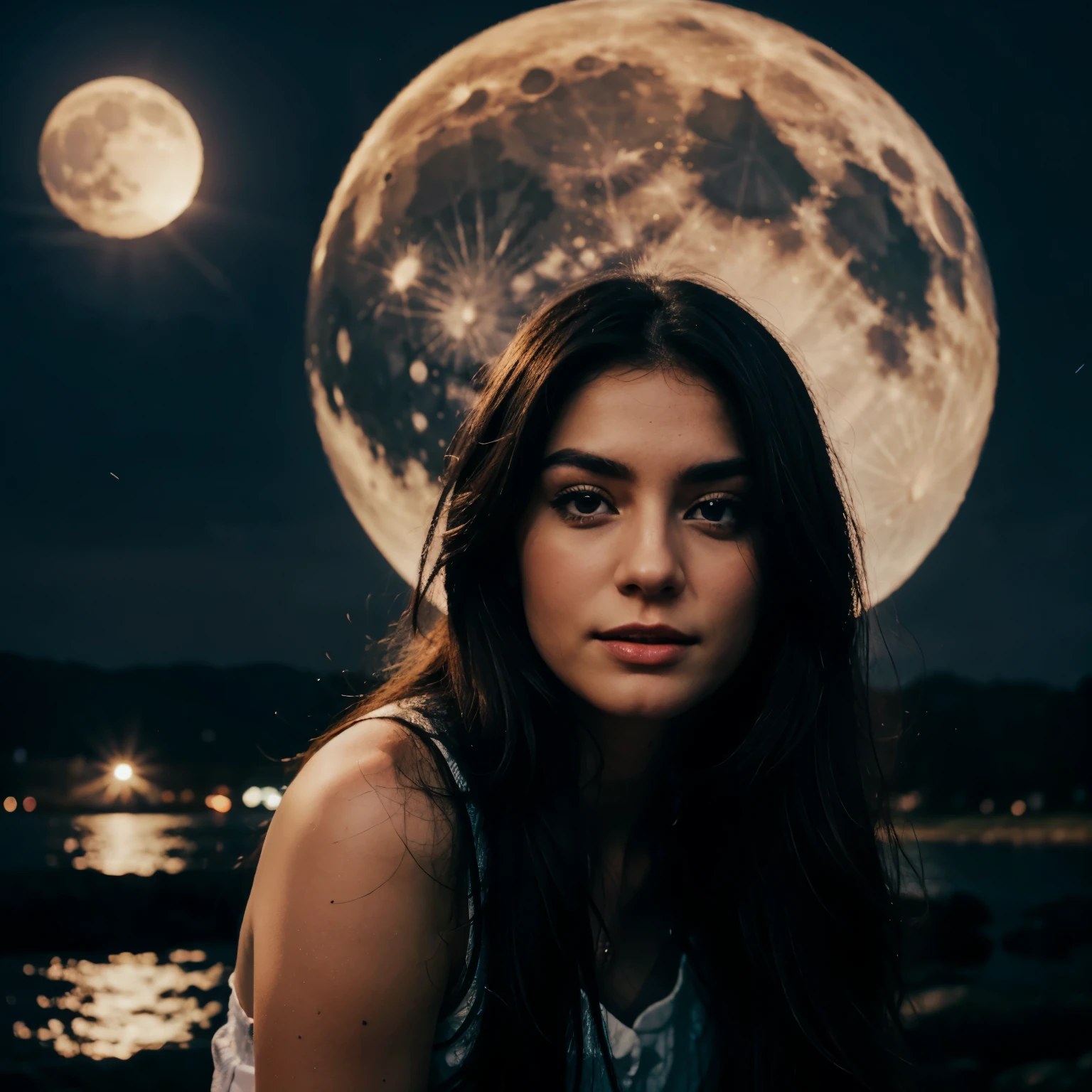 terrible place. in the evening. there is a woman in a long white dress with a red face. the moon is covered in clouds.
