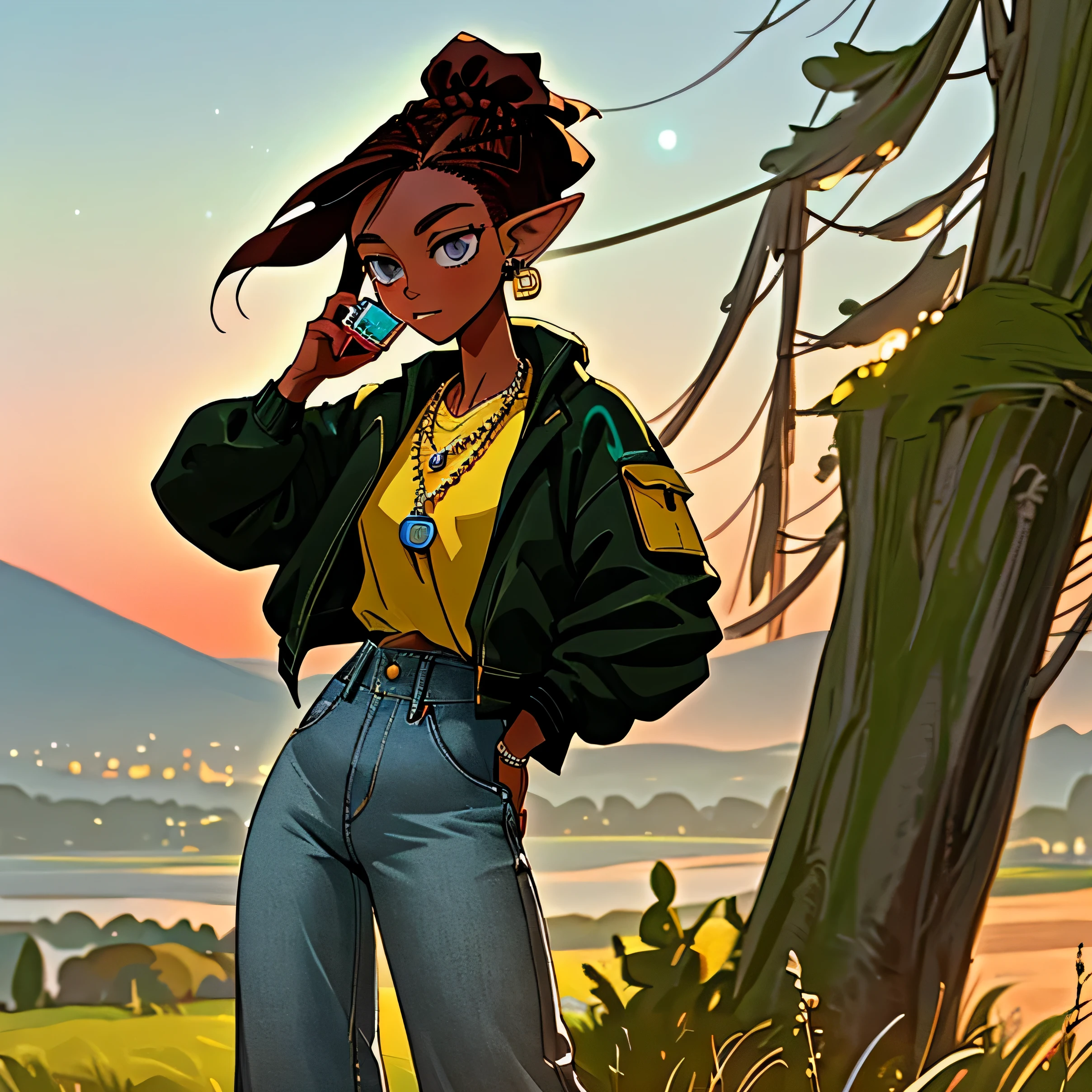 a beautiful woman elf wearing T-shirt, wearing jacket, wearing necklace, short and high waist jeans, sneakers, wearing bag pack, 5 piercings, a woman elf in long ponytail and braids, beads in braids, using flip phone, using earphones, reddish dark brown hair, greenish grey eyes, light skin, luxurious and elegant quantum physics in the sky as the background
