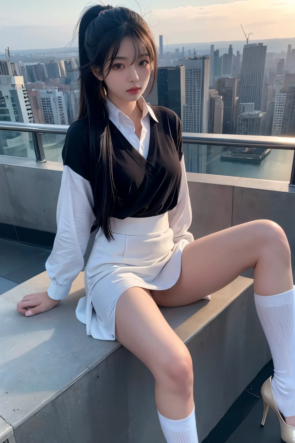 masterpiece, photography, realistic, photo realistic,
masterpiece, best quality, very aesthetic , highly detailed,
full body photo,
1girl,
A very cute Japanese girl, (18 year old),
very long hair, black hair, liquid hair, Spreading hair, hairstyle ponytail ,
wearing uniform,
pencil skirt,
small thighs, Long legs,
silk high stockings,
high heels,
white panties,
Evening time, sunset,
rooftop,
sitting on the edge of a skyscraper,