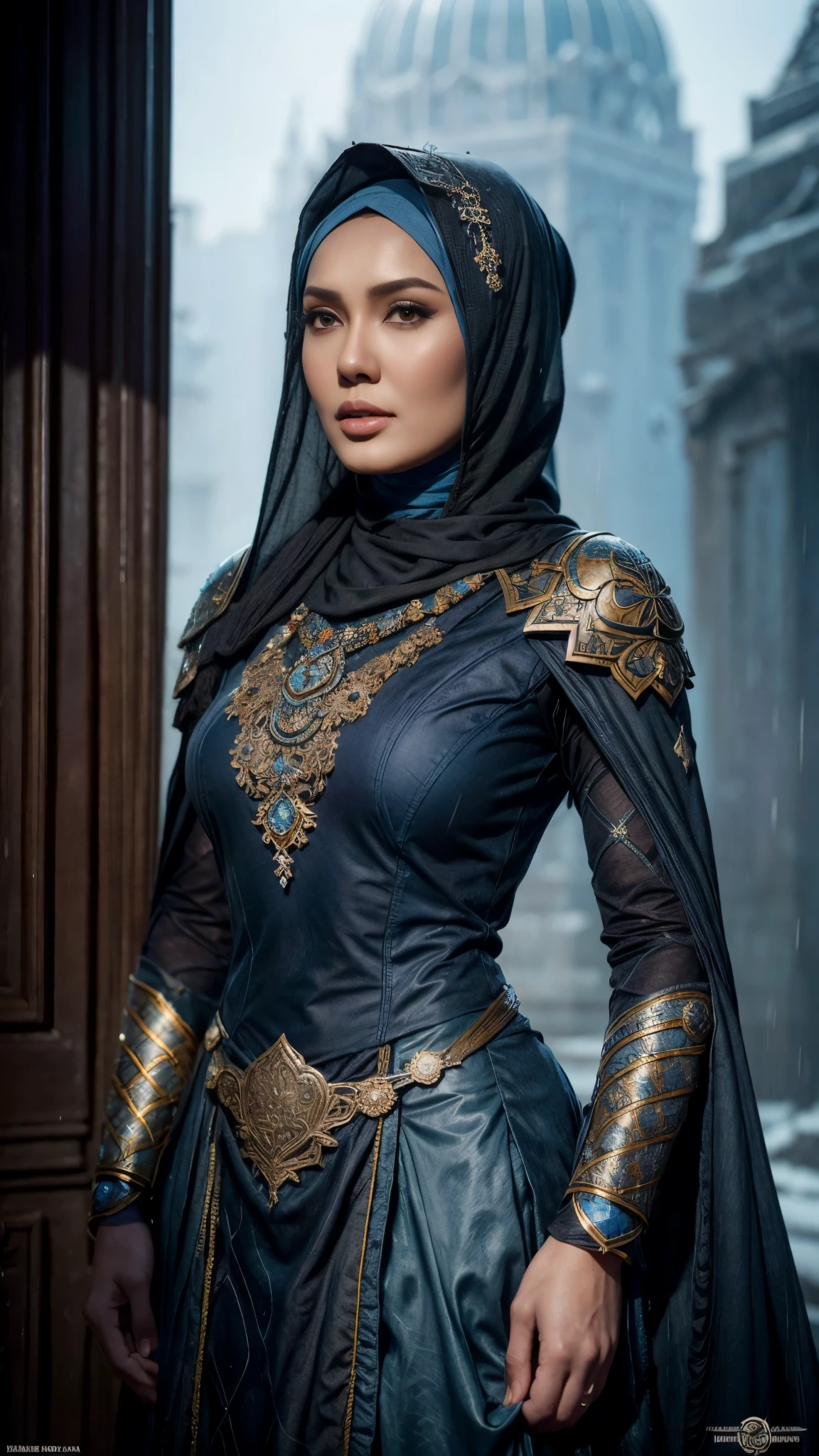 a malay woman in hijab and a blue dress, realistic Art Station, hard raining scene, Detailed Fantasy Art, Stunning Character Art, beautiful Exquisite Character Art, Beautiful black Armor, Extremely Detailed, blue armor Girl, Exquisite Intricate Headdress and Jewelry, whole body capture