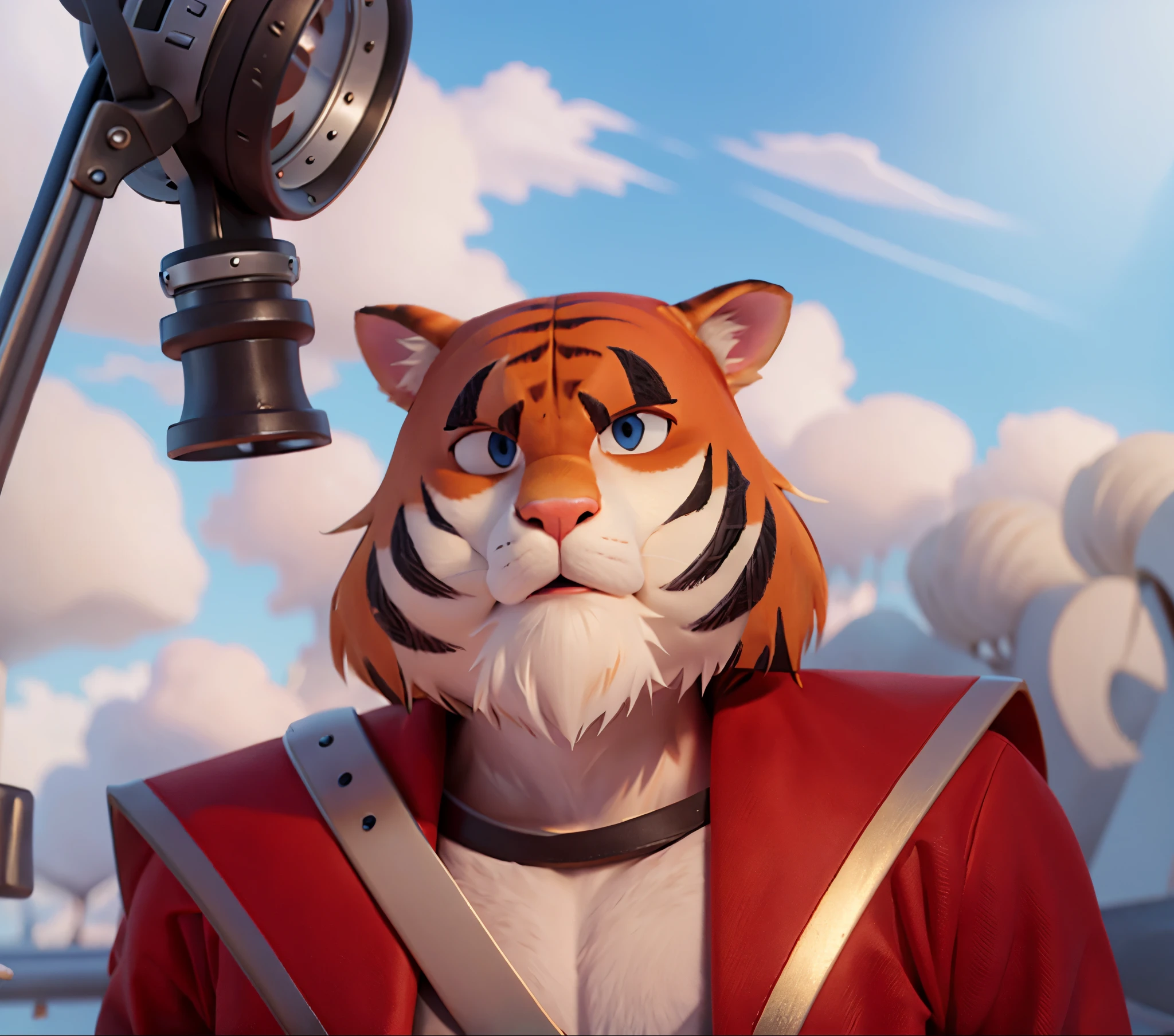 3d render, disney pixar style, weretiger, tiger, furry, (neck and hand covered with fur), wearing big crossbody bag,