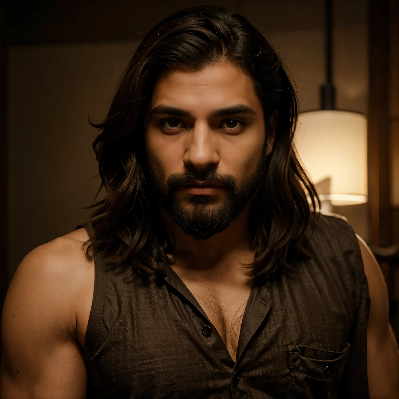 Hombre delgado alto, Brown eyes, cara ovalada, labios grandes con barba corta y cabello oscuro