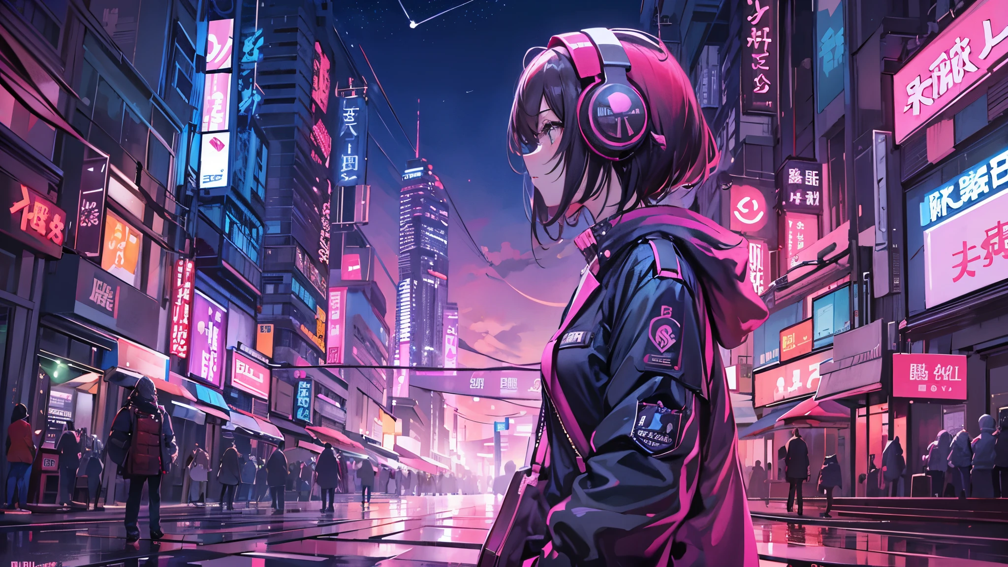 masterpiece,Anime-style illustration showing a young woman in her 20s wearing a futuristic plunging outfit, facing right, Stand in the middle of the street in a cyberpunk nightlife district. sheはピンクがかった黒髪の長い髪を持っています、Wearing pink glowing headphones. big breasts、she&#39;You&#39;re still looking up at the starry sky, but、sheの視線と体はフレームの右側を向いています. The scene should be lively, Reflects a cyberpunk aesthetic, ネオンと未来的な建物がsheを取り囲んでいます. The hustle and bustle of the city continues, but、sheは&#39;peace in the midst of chaos, Immerse yourself in the sights and sounds of the night. In the image、Must capture the calm sky above and the vibrant urban environment。, sheの新しい方向性を強調する.
