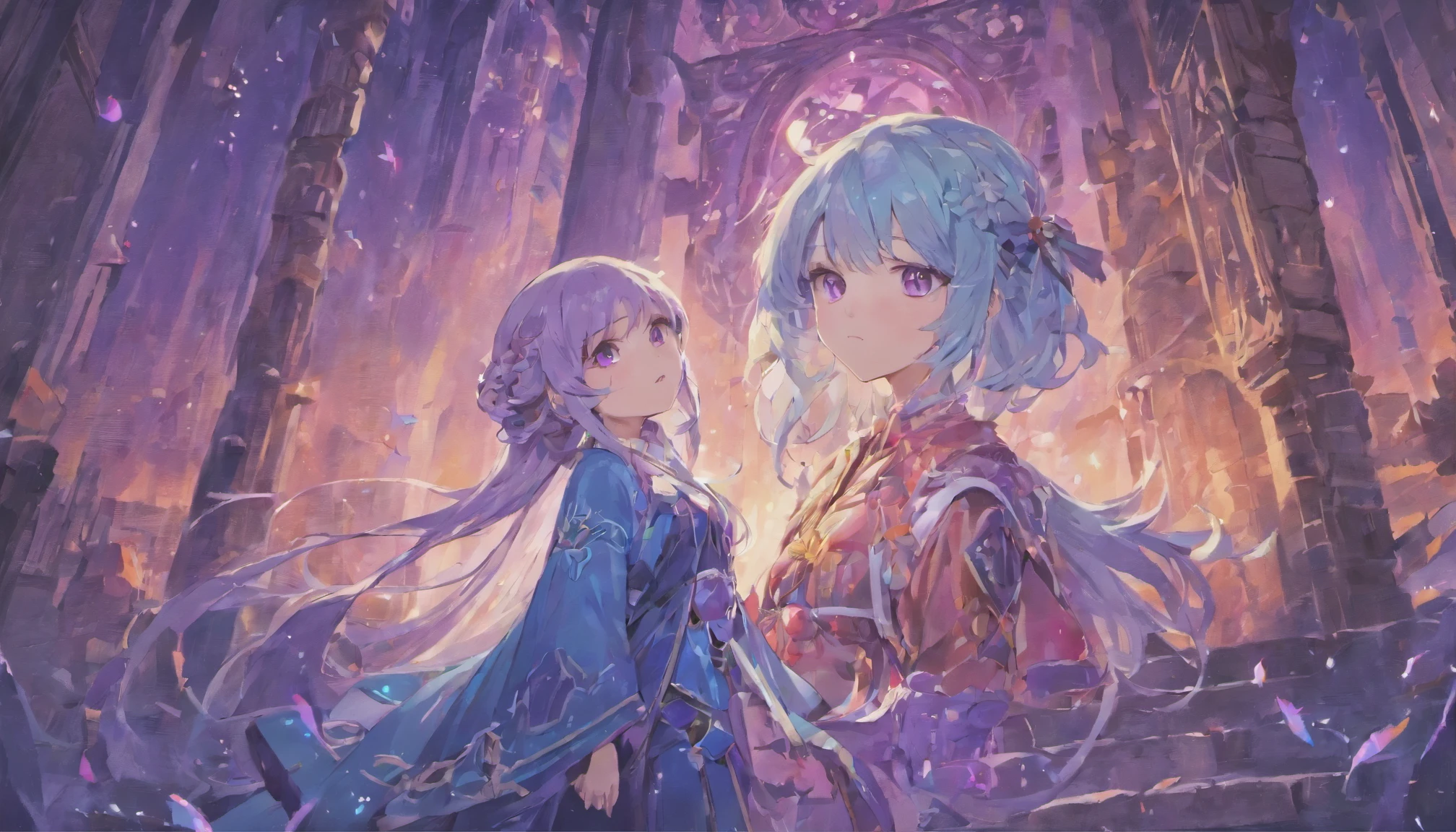 Masterpiece. High-resolution. 1girl about 20 years old. Pretty beautiful girl. Pretty big purple eyes. Delicate face. Long light blue hair. Straight hair. Messy hair. Hair bangs. Turquoise tunic. Purple tide pants. Leather boots. Greek ruins background with cosmic skies.