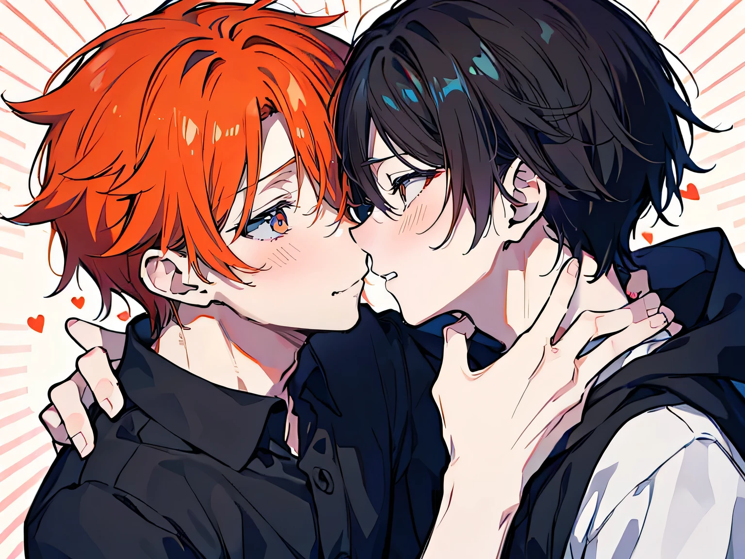 ((best quality)), ((masterpiece)), (detailed), perfect face, 2 boys, gay couple, one boy with dark black hair and dark brown eyes and is tall and handsome, looks fierce and bold, tsundere, very tall, hot and other boy has orange hair and orange eyes and is cute adorable and is bubbly and shorter, short height, , blushing looks like innocent and shy, they are in love, romance, gay couple, bl couple, yaoi, 4k ultra anime quality, anime ARTSTYLE, bl yaoi, hugging, 4k anime art style, cute