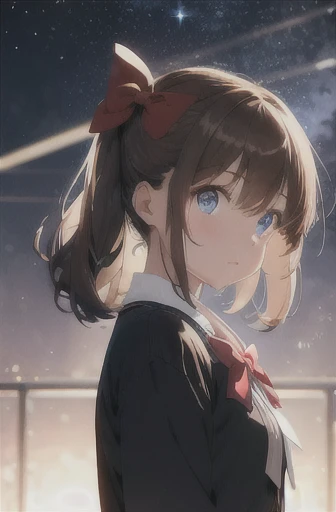 1 girl, bangs, blue eyes, blurry, blurry background, bow, brown hair, closed mouth, From the side, hair between eyes, hair bow, lanthanum, particles of light, long sleeve, looking at the viewer, medium hair, night, red bow, alone, star \(symbol\), Upper body,(masterpiece:1.4),(highest quality:1.4)