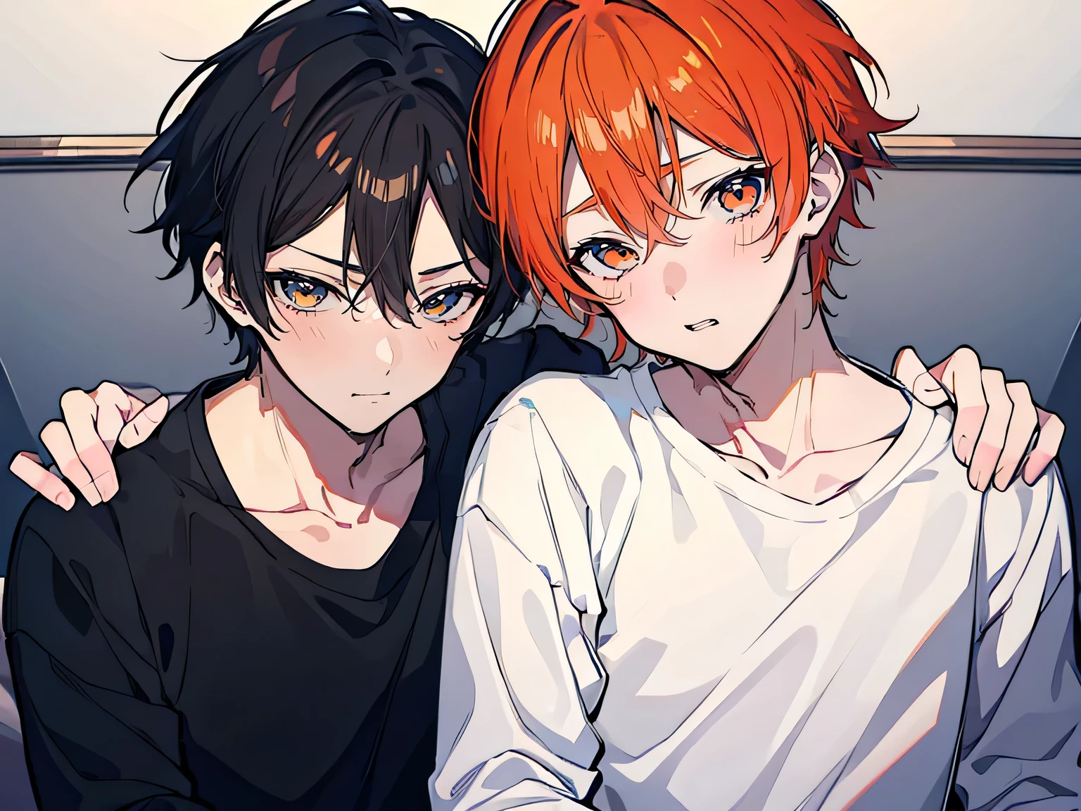((best quality)), ((masterpiece)), (detailed), perfect face, 2 boys, gay couple, one boy with dark black hair and dark brown eyes and is tall and handsome, looks fierce and bold, tsundere, very tall, hot and other boy has orange hair and orange eyes and is cute adorable and is bubbly and shorter, short height, baby face, blushing looks like innocent and shy, they are in love, romance, gay couple, bl couple, yaoi, 4k ultra anime quality, anime ARTSTYLE, bl yaoi, hugging, 4k anime art style, cute